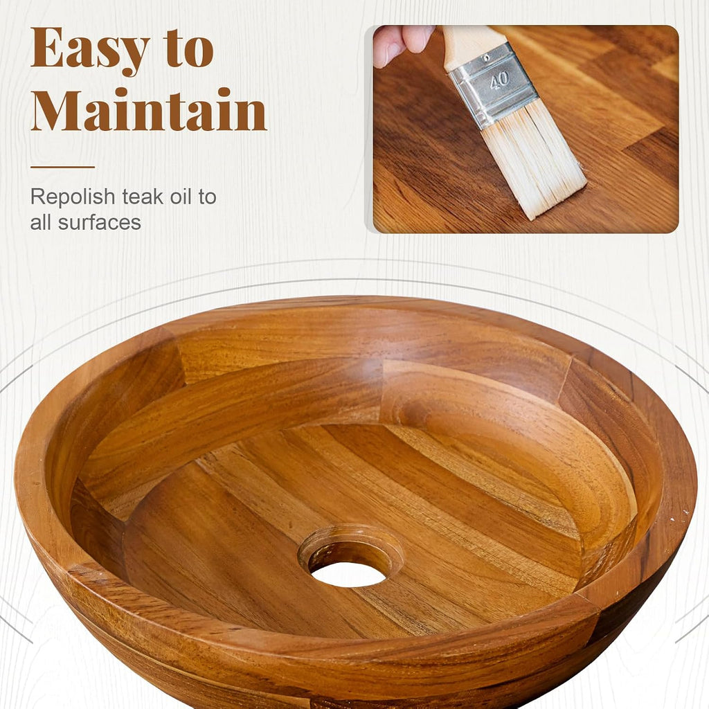 Giantex Teak Wood Vessel Sink - Bathroom Washbasin with Smooth Finish, Round Corner, 2.5â Drain Hole for 1 5/8" Drainage, Above Counter Vanity Sinks, No Assembly Art Basin (16â x 16â x 4â Bowl-shaped)