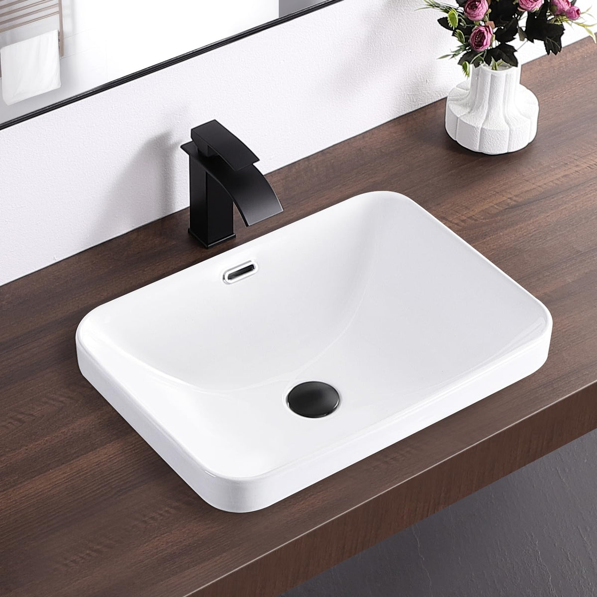 Small Bathroom Vessel Sink 16.7'' x 12.6'' Semi Recessed Bathroom Sink Rectangular Drop-in Vanity Sink with Overflow White Ceramic Modern Art Basin