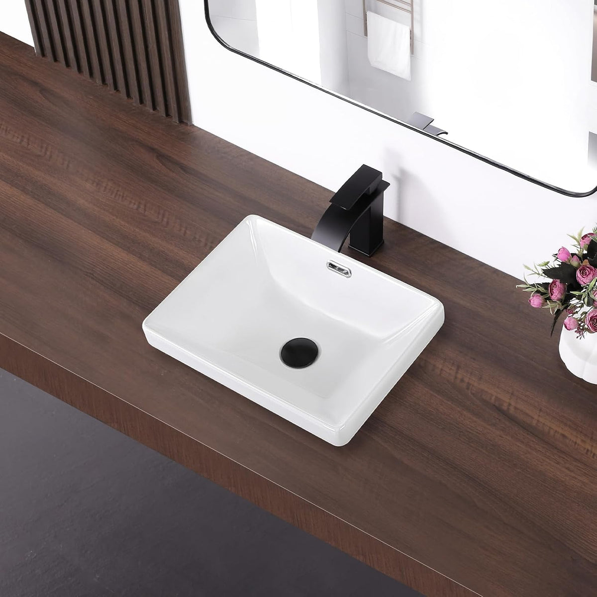 Small Bathroom Vessel Sink 16.7'' x 12.6'' Semi Recessed Bathroom Sink Rectangular Drop-in Vanity Sink with Overflow White Ceramic Modern Art Basin
