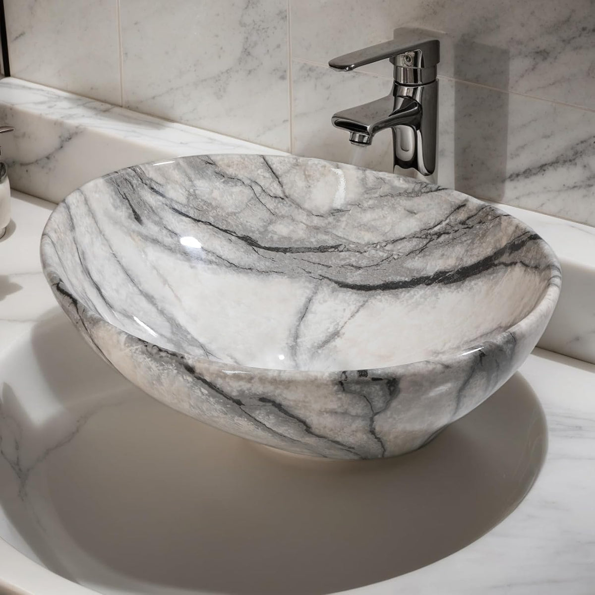 Marbling Oval Vessel Sink, 16x13 Inch