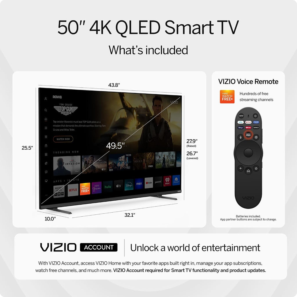VIZIO 50-inch Quantum Pro 4K 120Hz QLED HDR10+ Smart TV with Dolby Vision, Active Full Array, 240Hz @ 1080p PC Gaming, WiFi 6E, Apple AirPlay, Chromecast Built-in, M50QXM-K01, 2023 Model