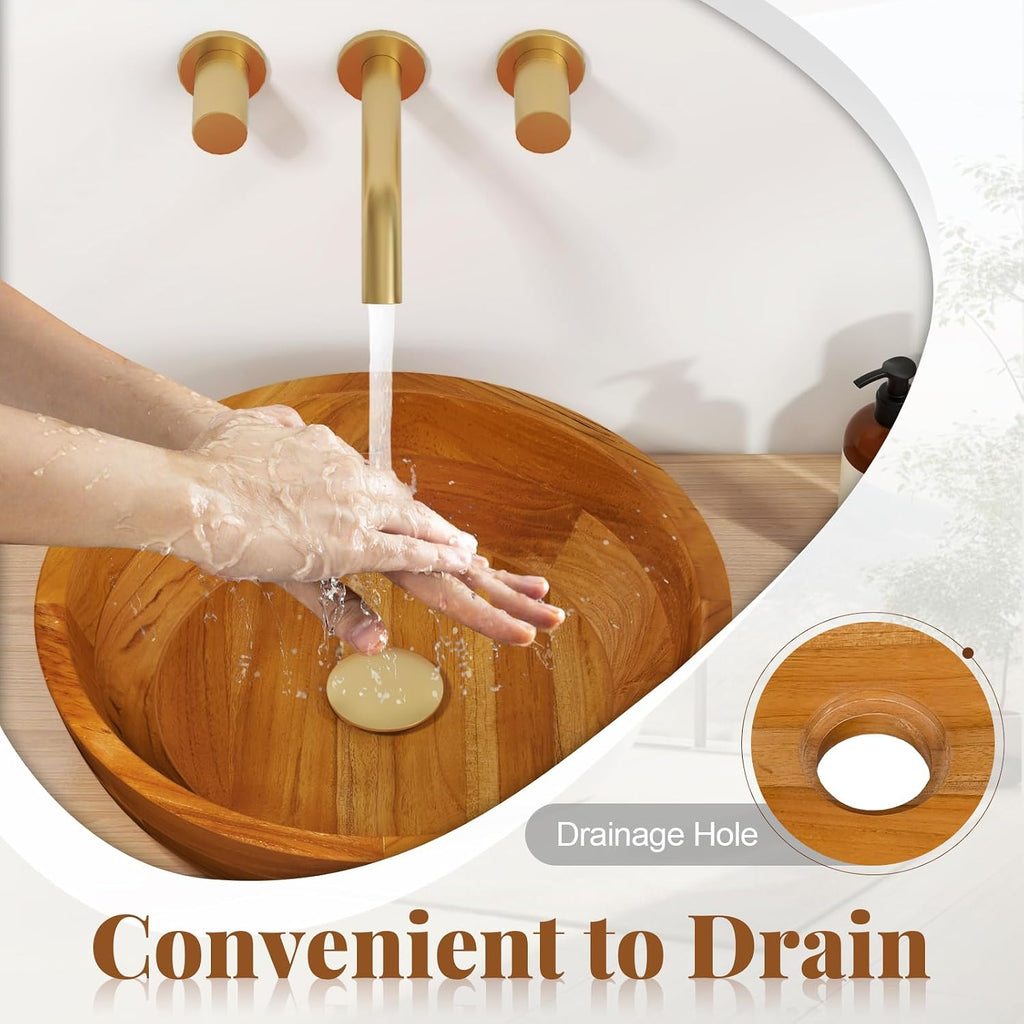 Giantex Teak Wood Vessel Sink - Bathroom Washbasin with Smooth Finish, Round Corner, 2.5â Drain Hole for 1 5/8" Drainage, Above Counter Vanity Sinks, No Assembly Art Basin (16â x 16â x 4â Bowl-shaped)
