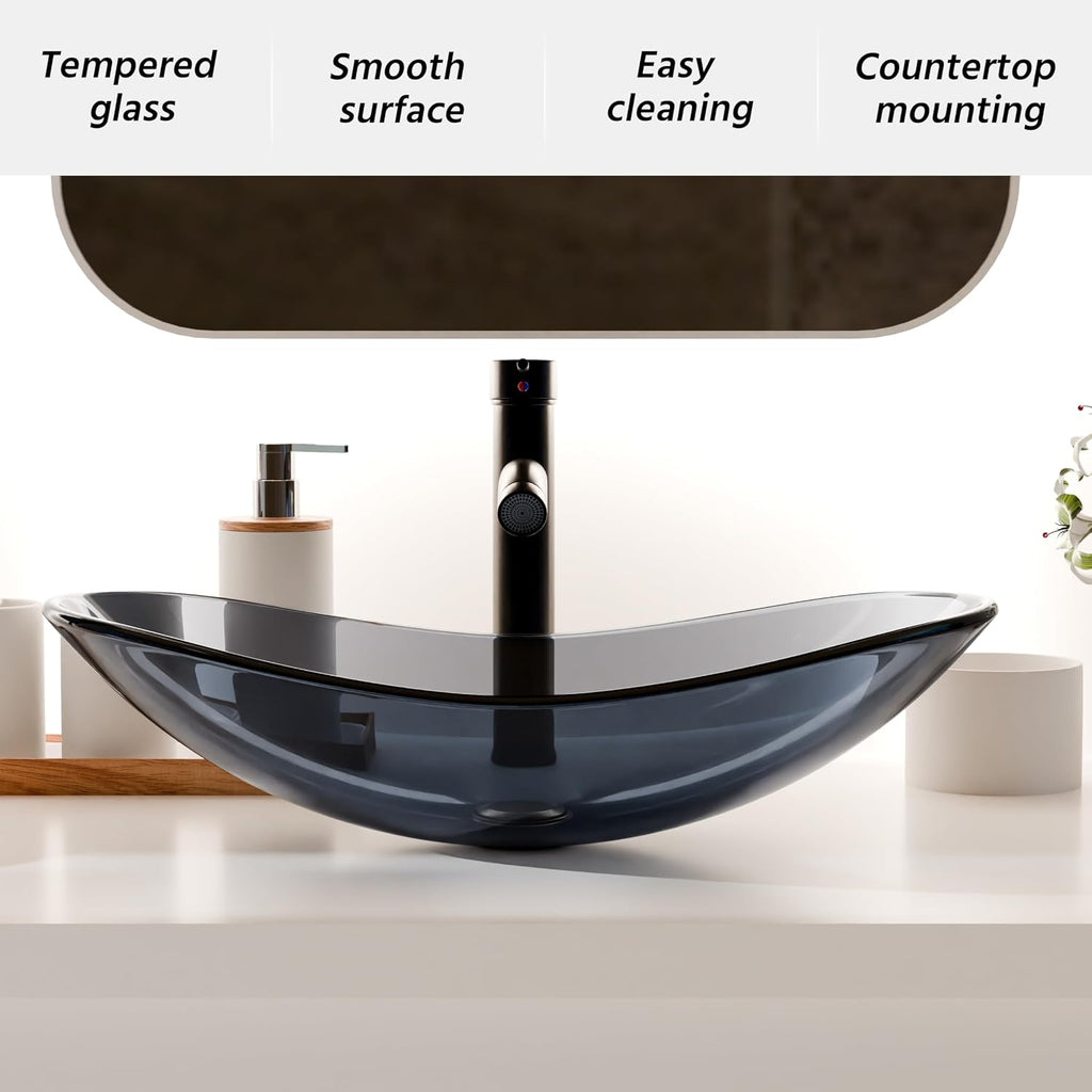 Vessel Sink Bathroom Sinks Tempered Glass Art Basin 20.8"x13.7" Oval Bowl Above Counter with Faucet and Pop-Up Drain Combo, Oval Clear Grey,Modern Countertop Bowl Sink