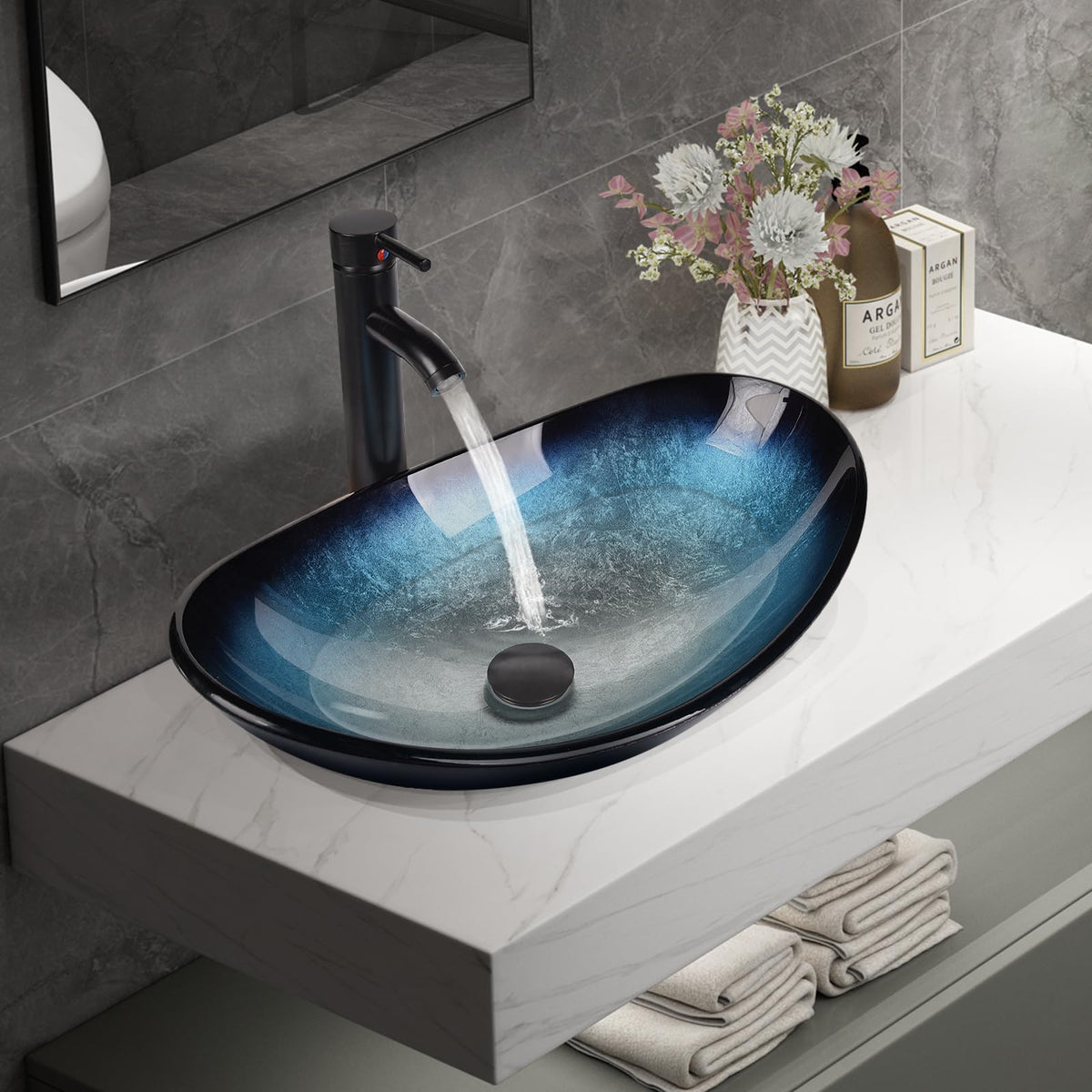 YOURLITE Bathroom Artistic Vessel Sink, Tempered Glass Countertop Bowl Sink