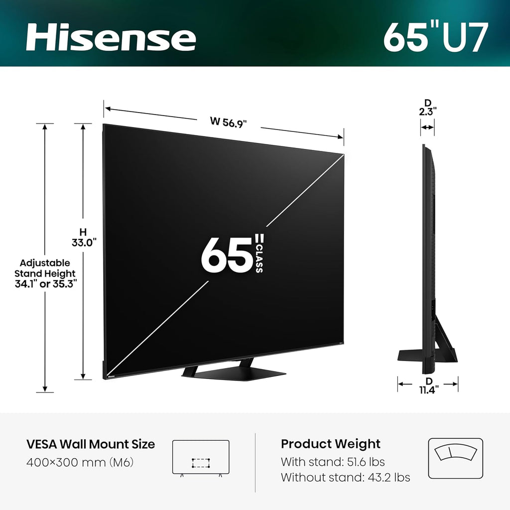 Hisense 65" U7 Mini-LED ULED 4K UHD Best Premium Gaming Smart Google TV (65U7SG, 2026 NEW) - Hi-QLED, Native 165Hz, VRR 330, HDR10+, Dolby Vision IQ Â· Atmos, IMAX Enhanced, Anti-Reflection, 2.1.2 Ch