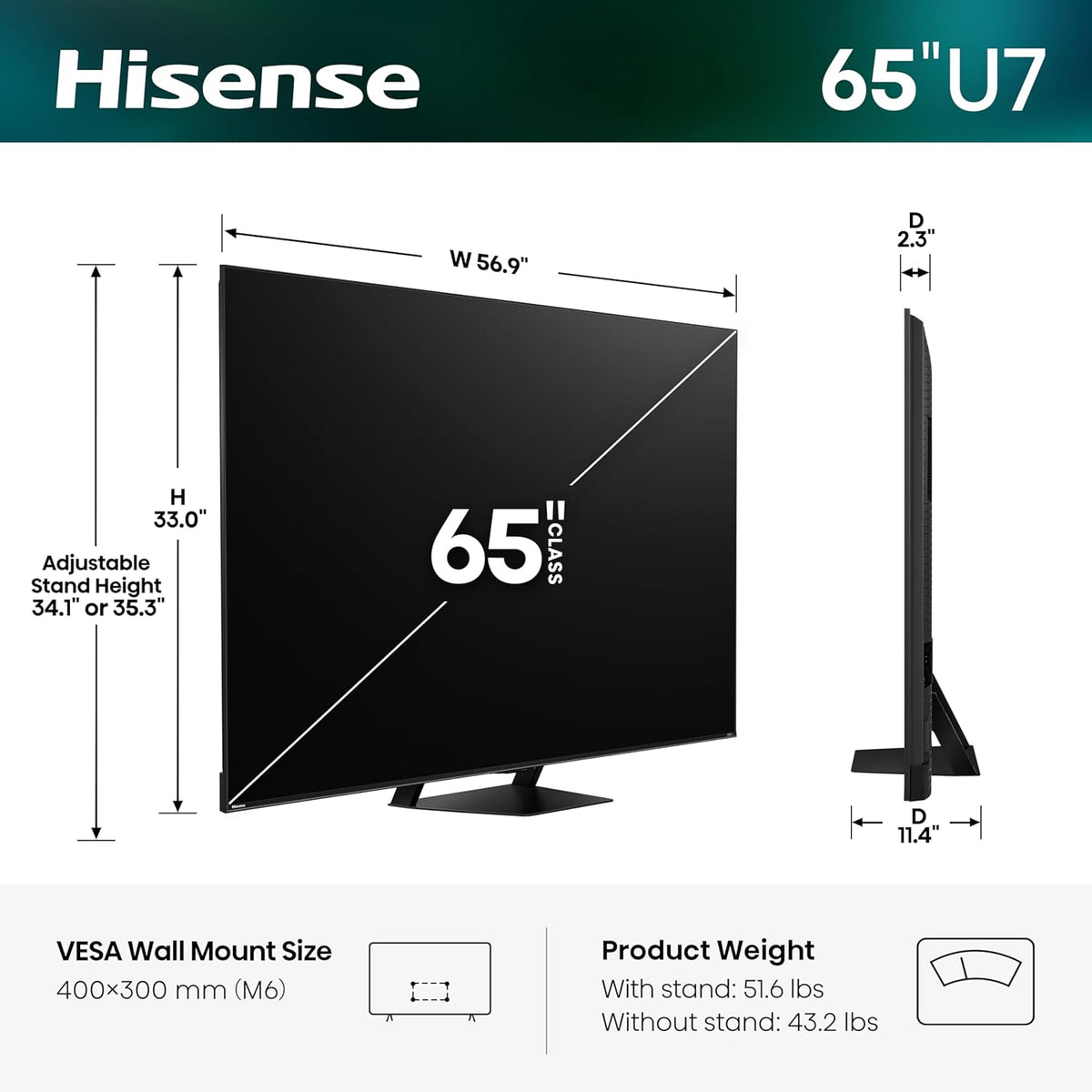 Hisense 65" U7 Mini-LED ULED 4K UHD Best Premium Gaming Smart Google TV (65U7SG, 2026 NEW) - Hi-QLED, Native 165Hz, VRR 330, HDR10+, Dolby Vision IQ Â· Atmos, IMAX Enhanced, Anti-Reflection, 2.1.2 Ch