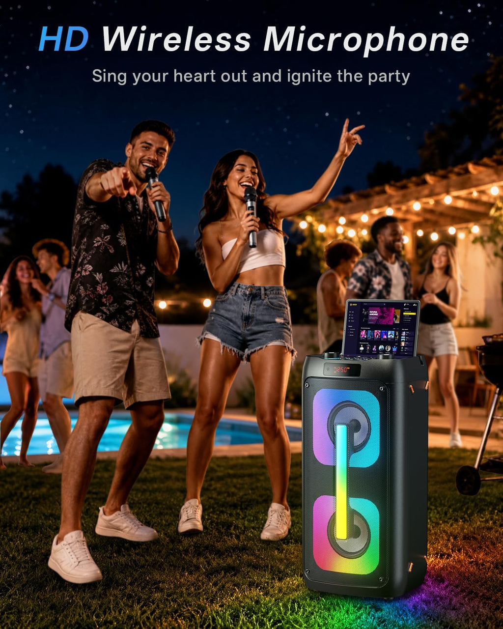 Karaoke Machine Portable Outdoor Speaker with 2 Wireless Microphones