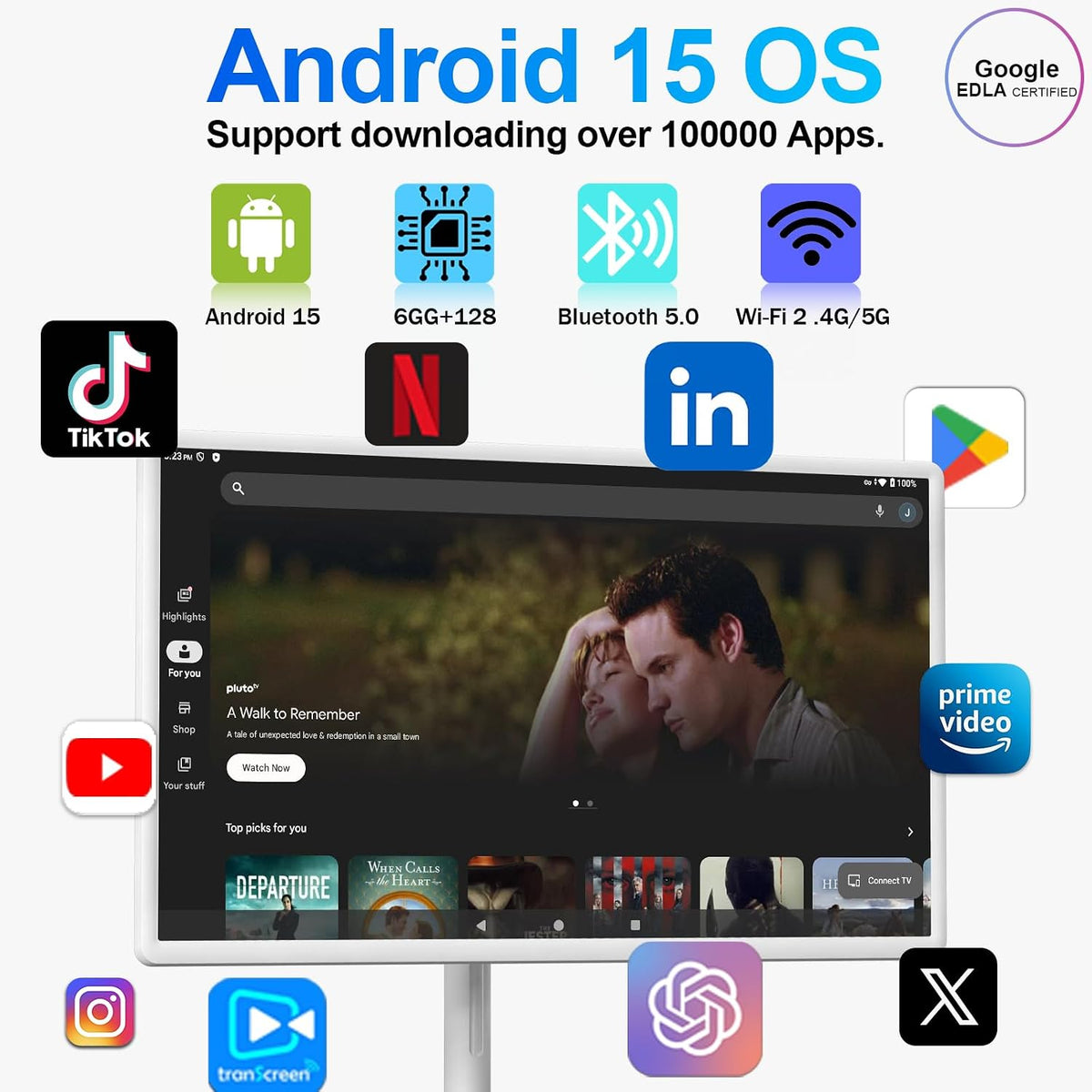 32-Inch FHD Smart Portable TV, Rolling TV on Wheels, Built-in Battery, Android 15 OS, Touch Screen Monitor, 6GB RAM + 128GB Storage, 8MP Camera, Full Swivel Rotation, Voice Remote