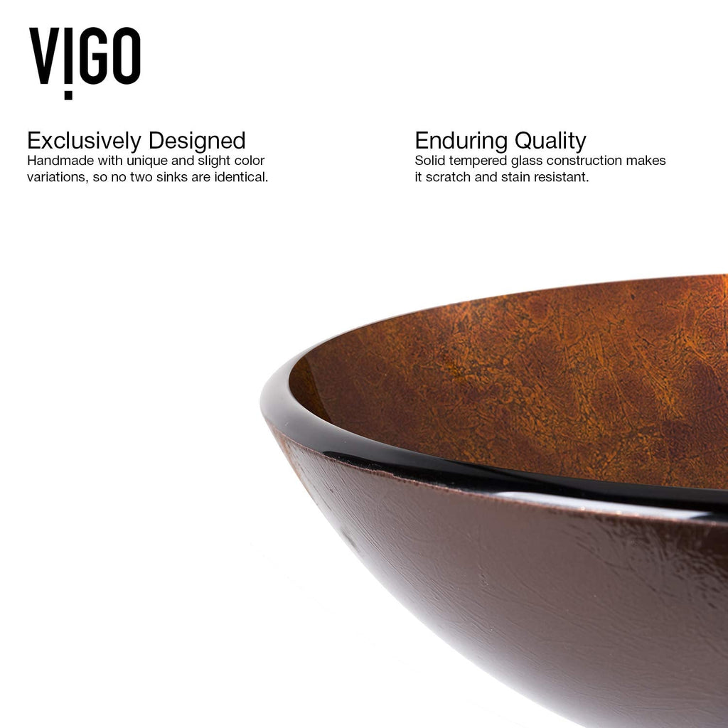 Vigo Vessel Sink Copper - 17â Artistic Round Bowl Sink for Bathrooms, Tempered Glass Above Counter Bathroom Sink with NonStickShield, QuickDrain & TempGuard, Modern Luxury Design