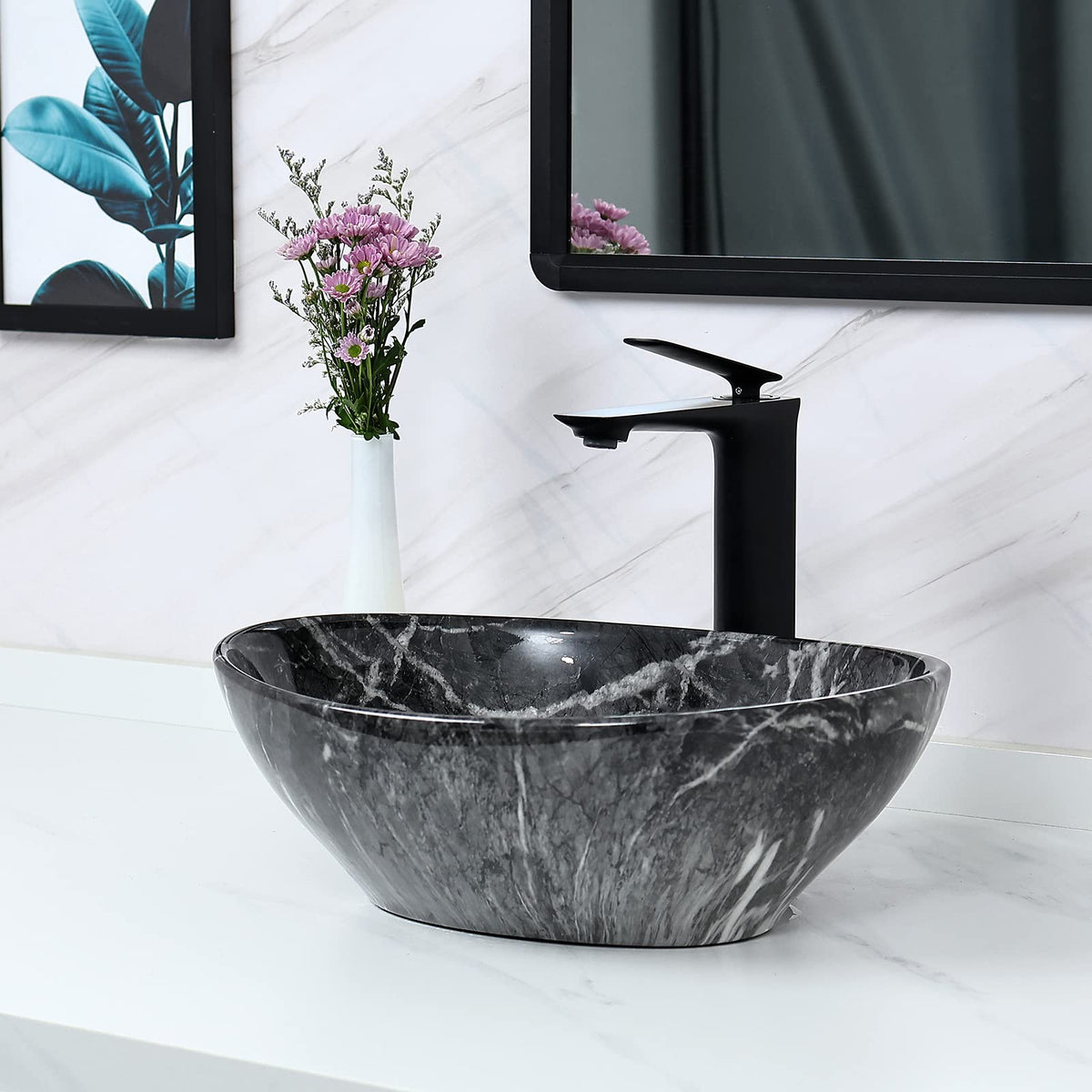 Davivy 15.7'' X 13.4'' Matte Black Oval Vessel Sink with Pop Up Drain,Bathroom Vessel Sinks,Ceramic Vessel Sink,Bathroom Sinks Above Counter,Matte Black Vessel Sinks for Bathrooms