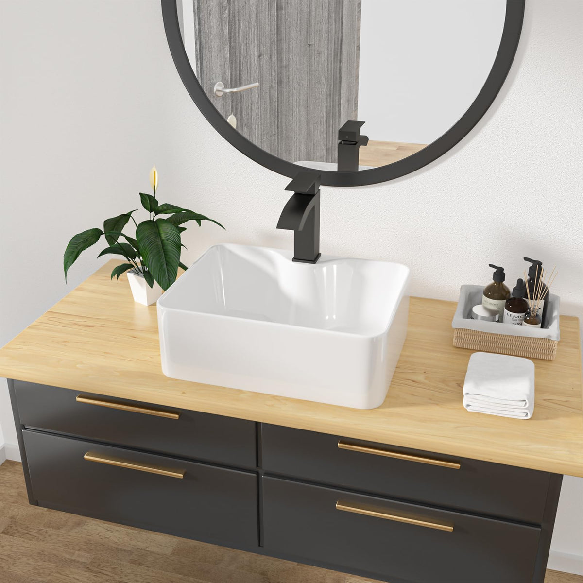 Kichae 16"x12" Vessel Sink Rectangle - Modern Above Matte Black Porcelain Ceramic Bathroom Vessel Vanity Sink Bowl Art Basin