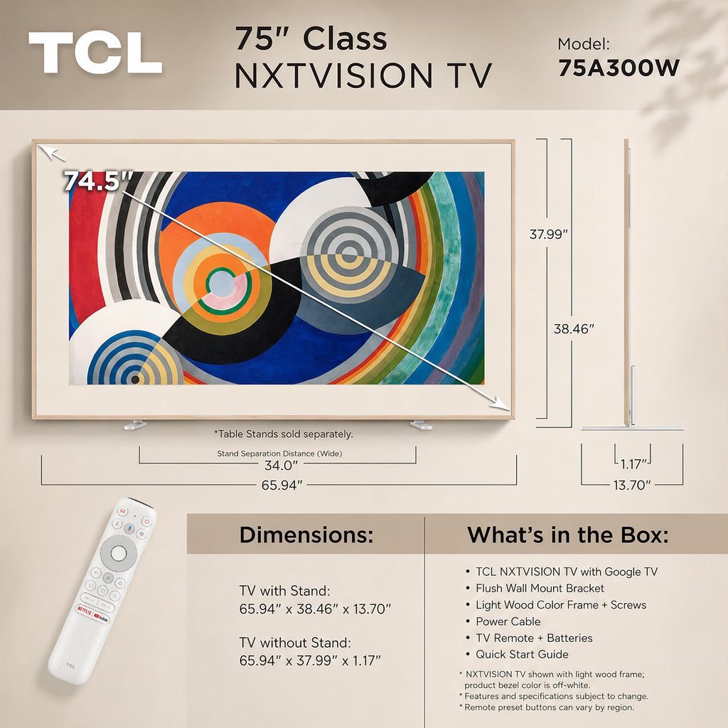TCL 55" NXTVISION Series Picture Frame TV, Google Smart TV QLED 4K, 55A300W