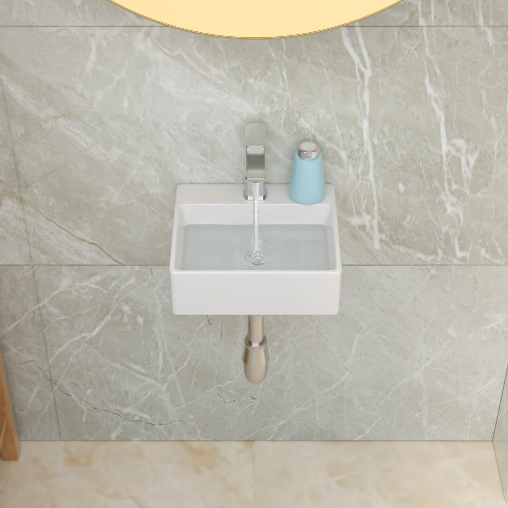 Lordear Wall Mounted Vessel Sink 16x11 Inch, U-Shape White Porcelain Bathroom Sink with Black Faucet and Support Pedestal Legs, Wall Hung Vanity Sink with Towel Rack for Small Bathrooms