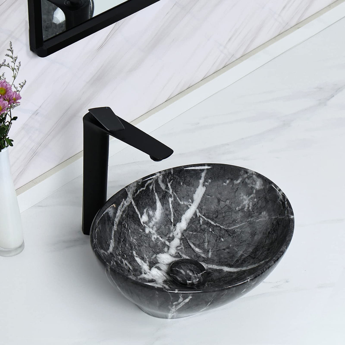 Davivy 15.7'' X 13.4'' Matte Black Oval Vessel Sink with Pop Up Drain,Bathroom Vessel Sinks,Ceramic Vessel Sink,Bathroom Sinks Above Counter,Matte Black Vessel Sinks for Bathrooms