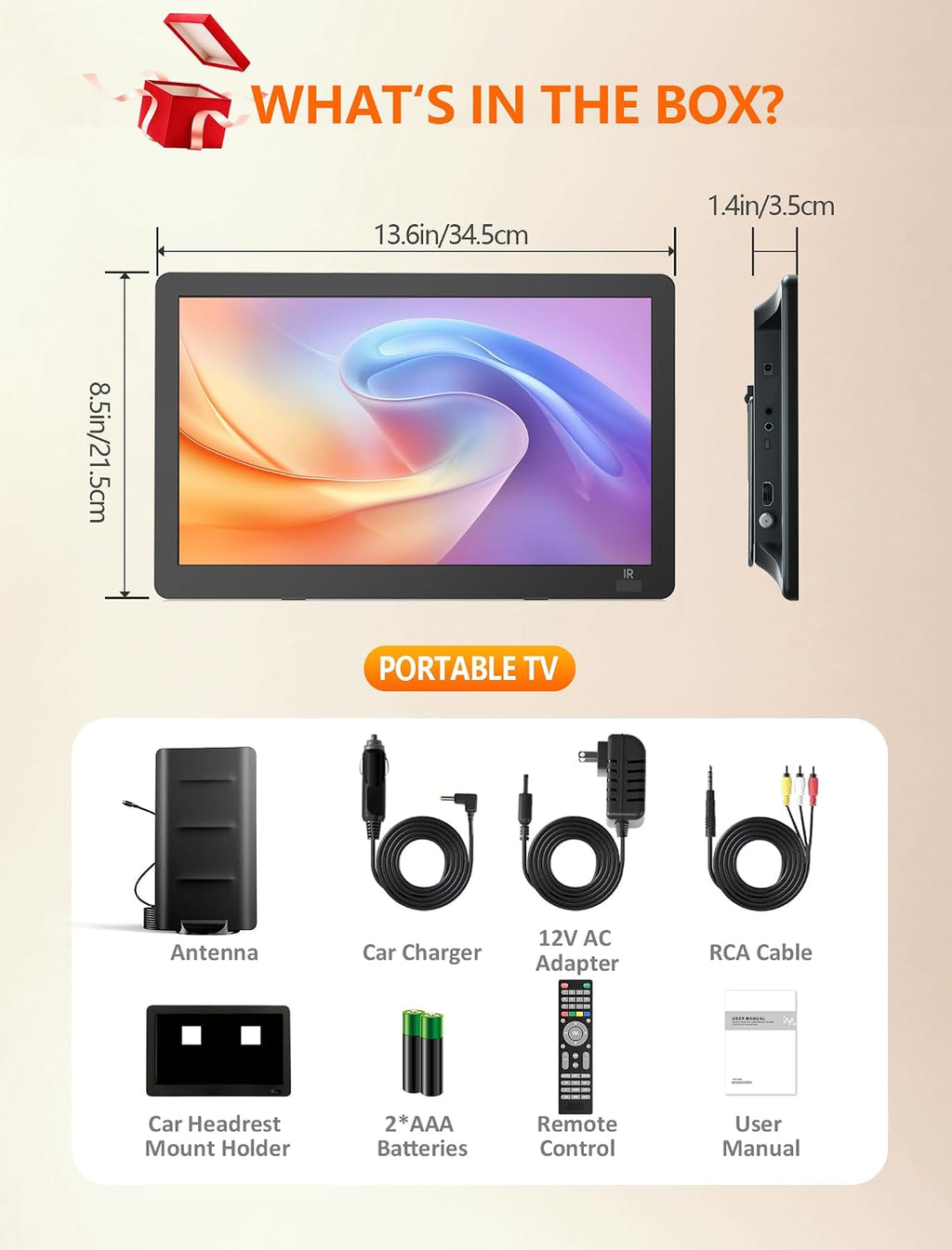 NORTHING 14.2" Portable TV with Antenna,1080P Rechargeable TV