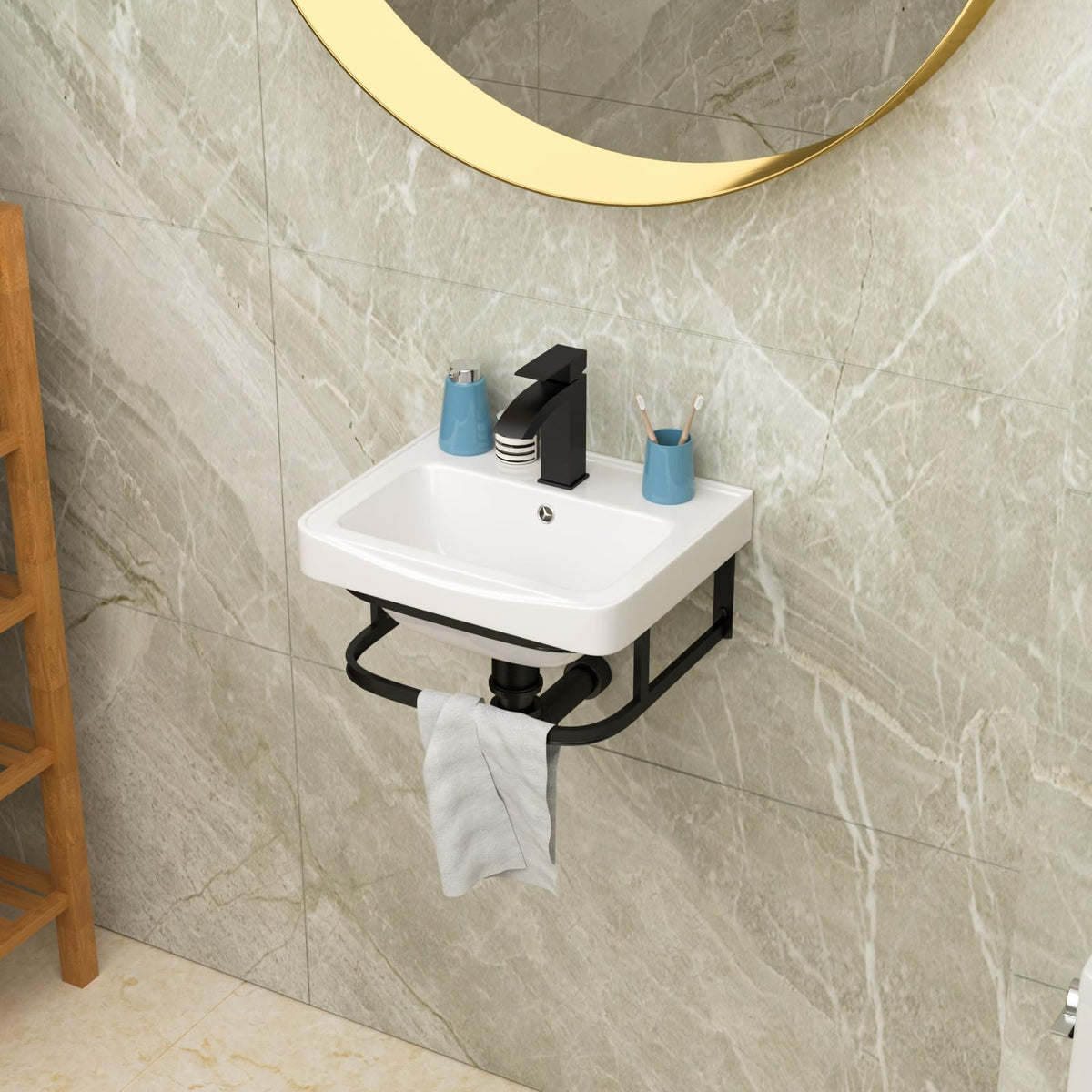 Lordear Wall Mounted Vessel Sink 16x11 Inch, U-Shape White Porcelain Bathroom Sink with Black Faucet and Support Pedestal Legs, Wall Hung Vanity Sink with Towel Rack for Small Bathrooms