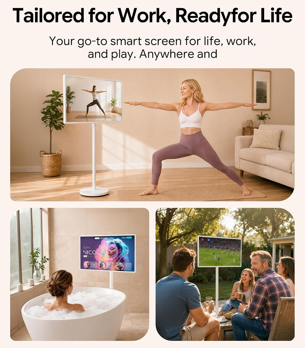 GFF Portable Smart TV 4K, 32 inch Rolling on Wheels, 20000mAh Battery 256GB