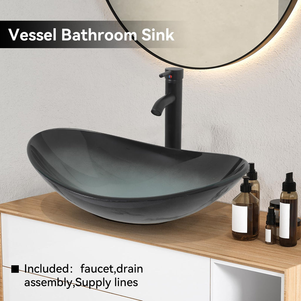 YOURLITE Bathroom Artistic Vessel Sink, Tempered Glass Countertop Bowl Sink
