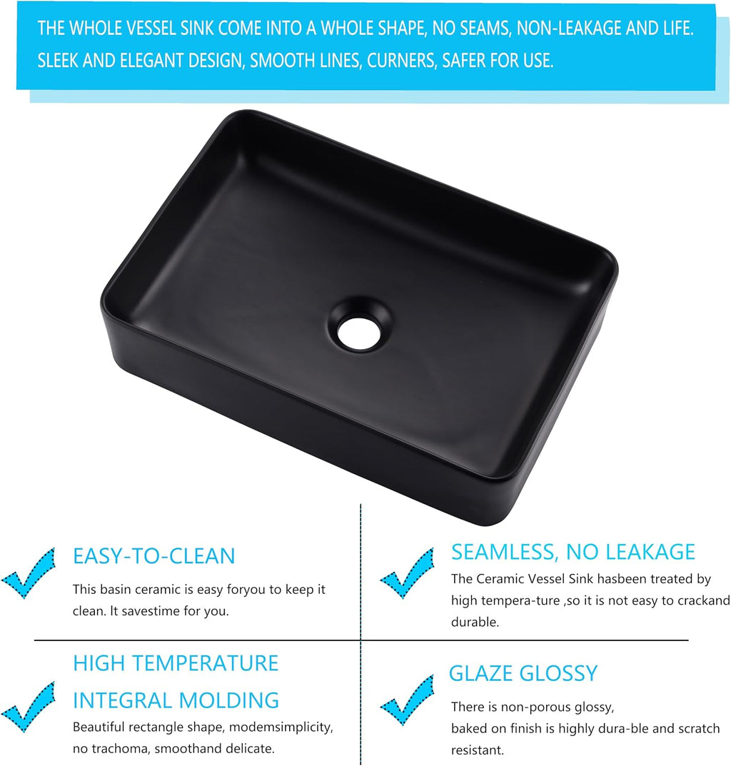 20 inch Black Vessel Sink Rectangular 20x14 Bathroom Above Counter