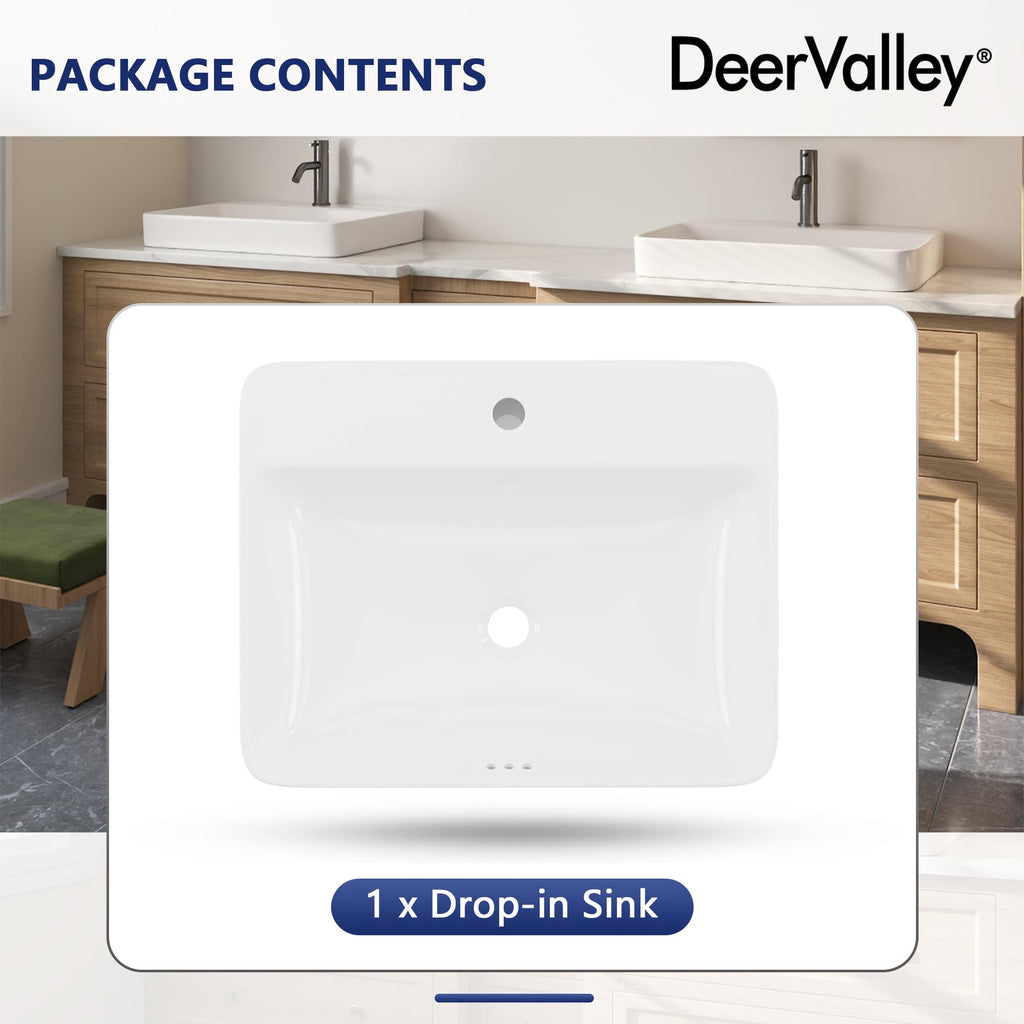 DeerValley Modern Drop In Bathroom Sink White 20"x17" Oval Vanity Art Basin