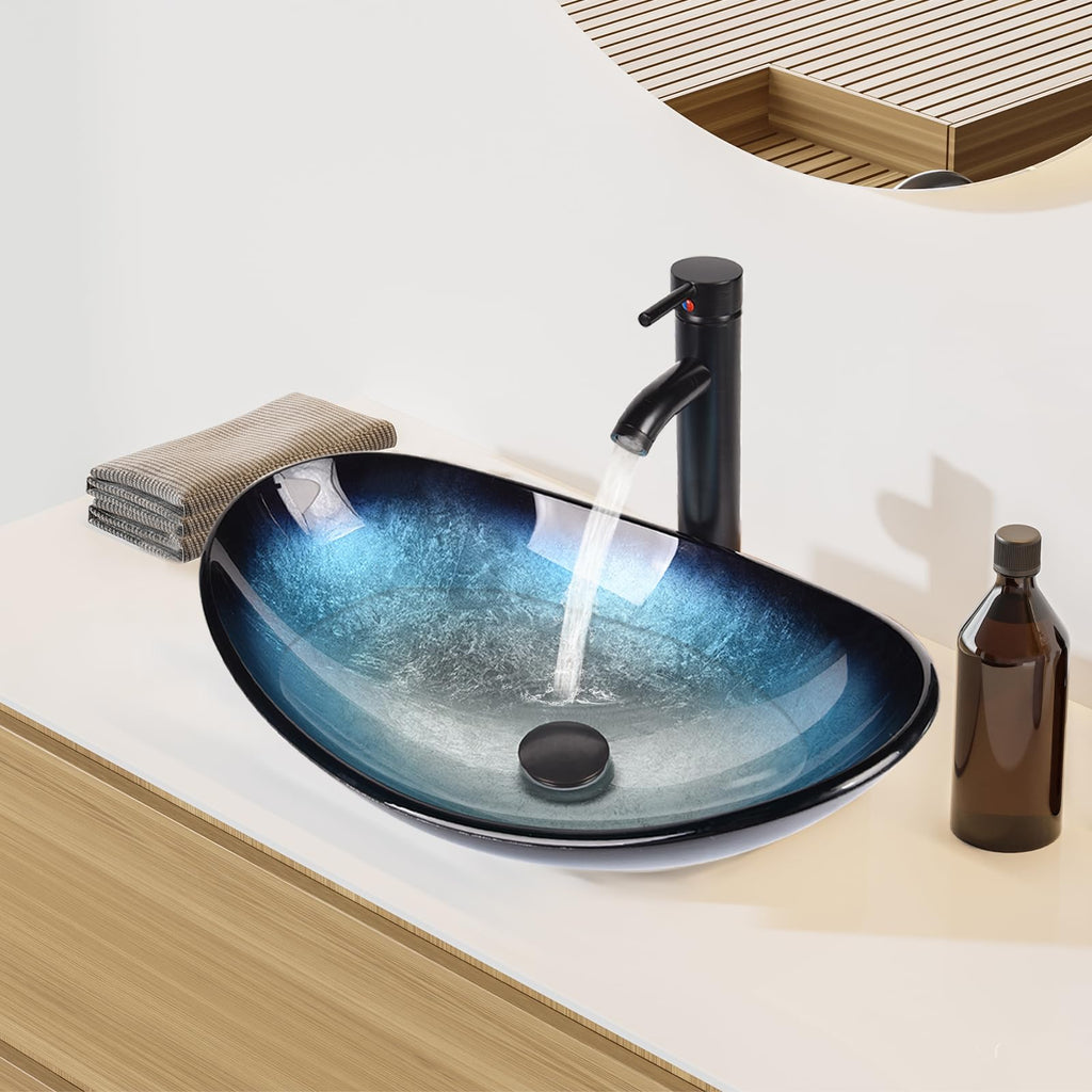 YOURLITE Bathroom Artistic Vessel Sink, Tempered Glass Countertop Bowl Sink