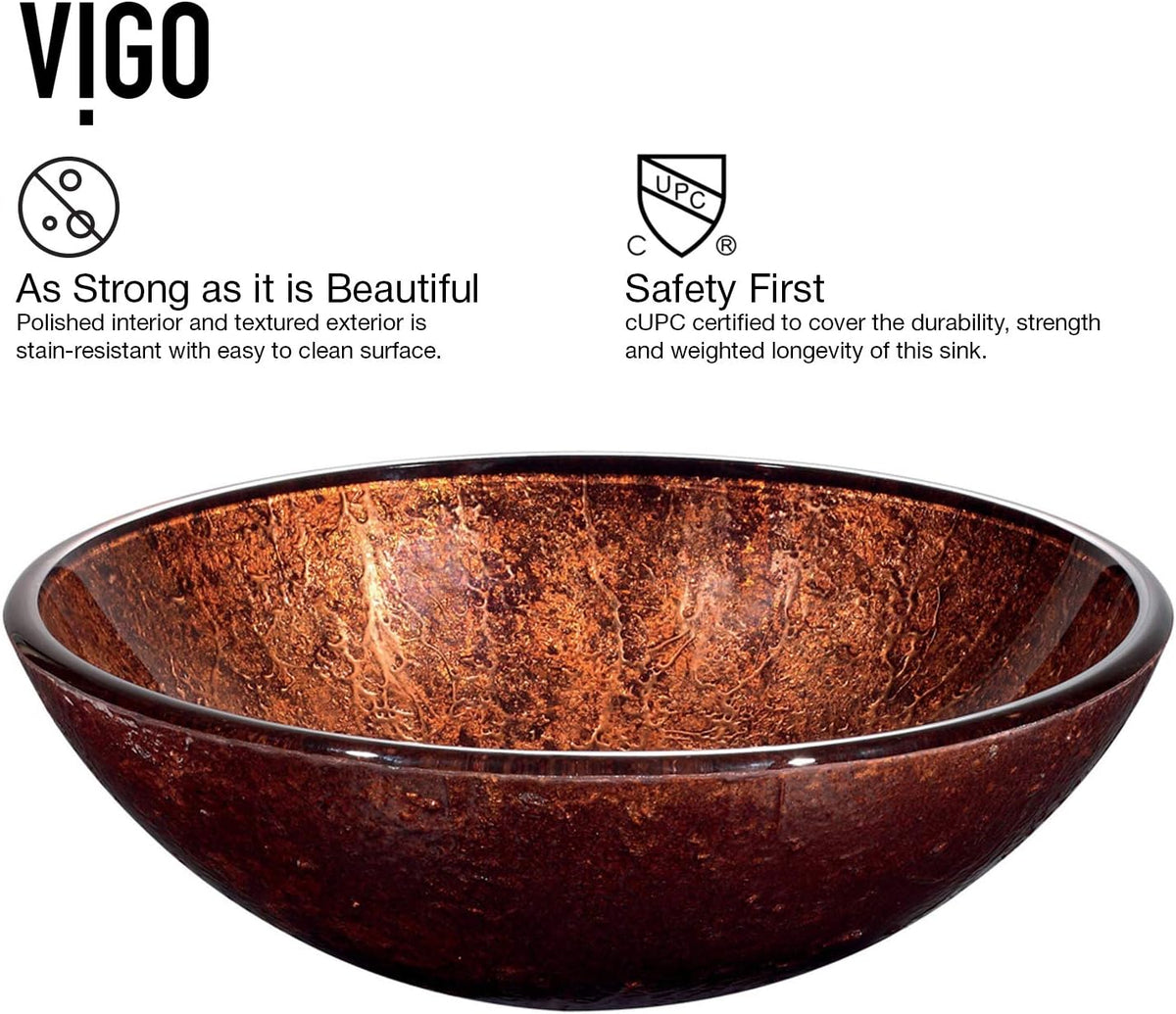 Vigo Vessel Sink Copper - 17â Artistic Round Bowl Sink for Bathrooms, Tempered Glass Above Counter Bathroom Sink with NonStickShield, QuickDrain & TempGuard, Modern Luxury Design