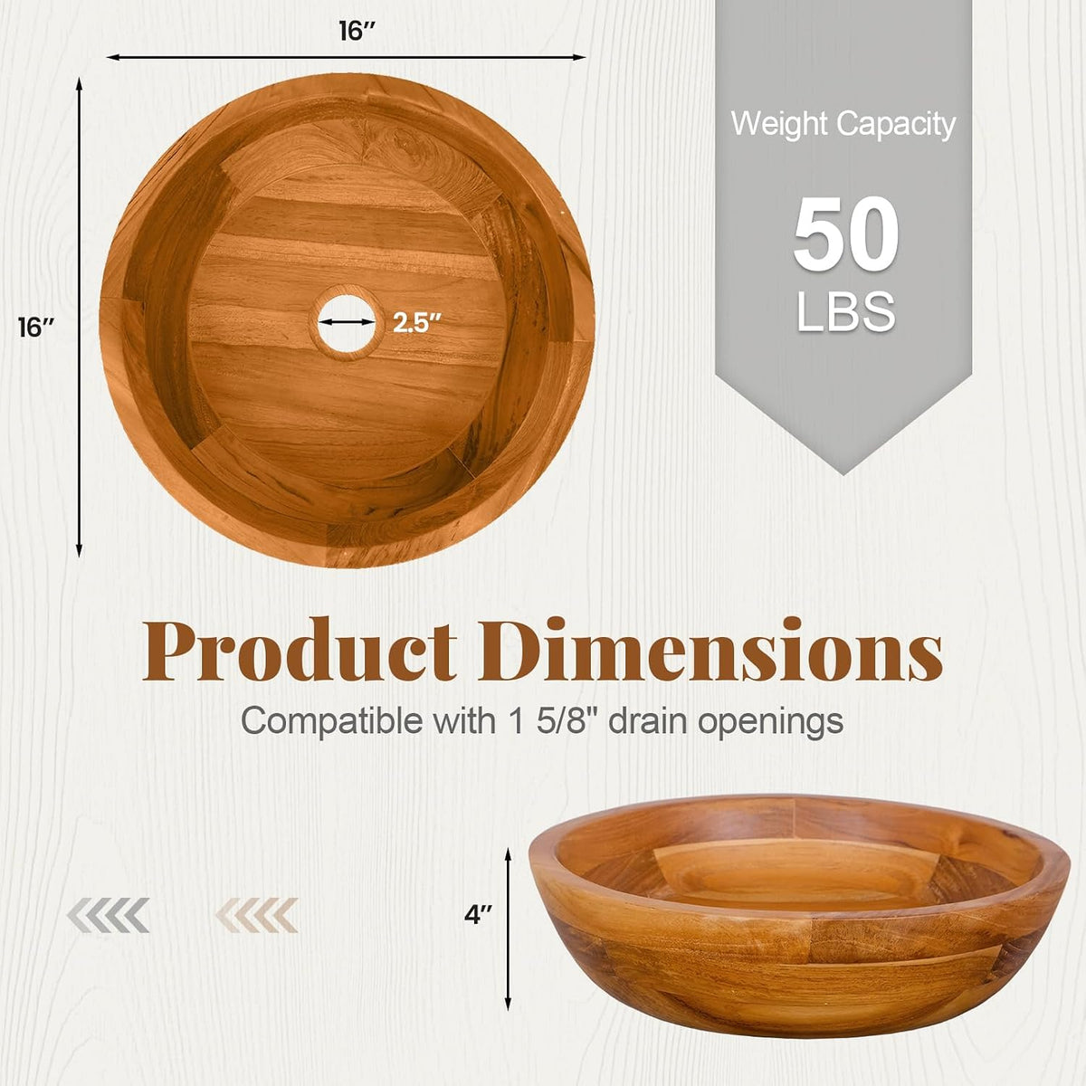 Giantex Teak Wood Vessel Sink - Bathroom Washbasin with Smooth Finish, Round Corner, 2.5â Drain Hole for 1 5/8" Drainage, Above Counter Vanity Sinks, No Assembly Art Basin (16â x 16â x 4â Bowl-shaped)