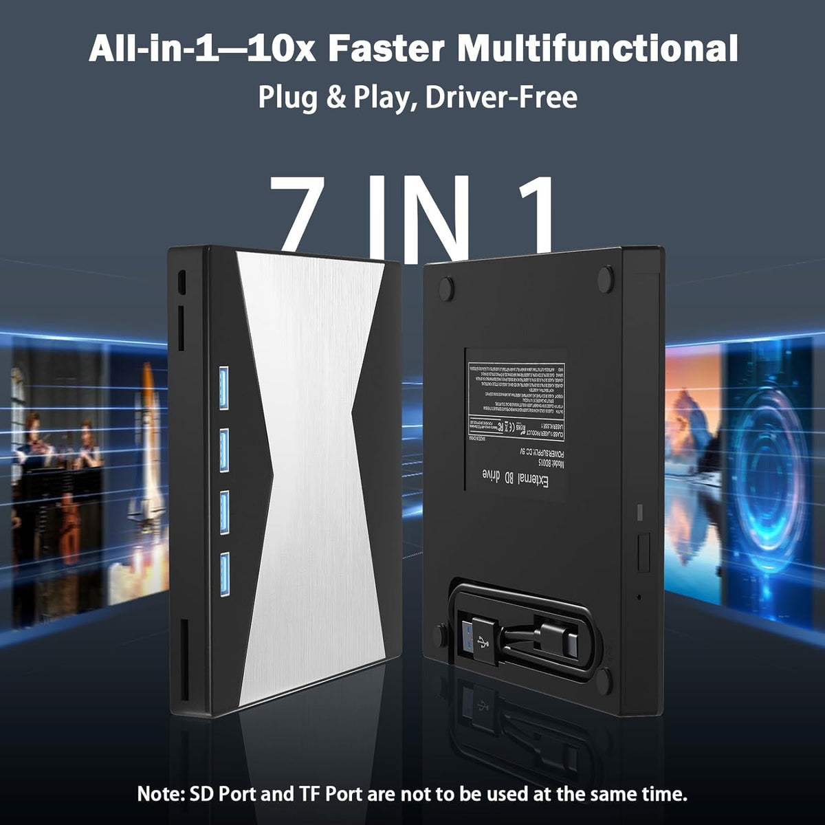 Wbacon 4K External Blu Ray Drive, USB 3.0 & 4 USB Ports 3D Blu Ray Drive
