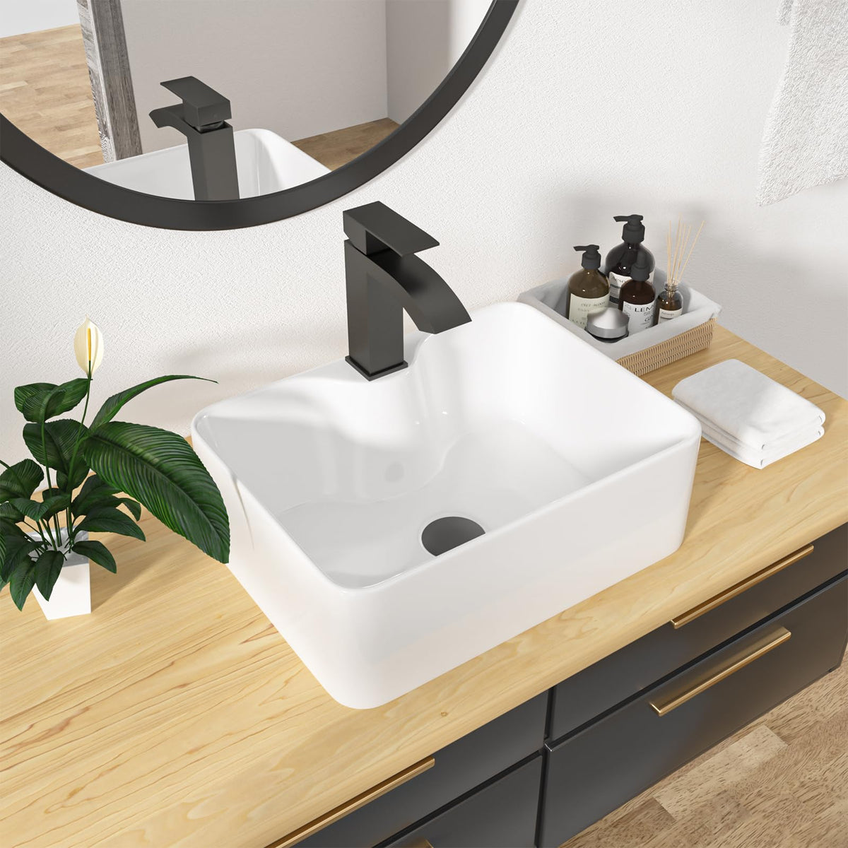 Kichae 16"x12" Vessel Sink Rectangle - Modern Above Matte Black Porcelain Ceramic Bathroom Vessel Vanity Sink Bowl Art Basin