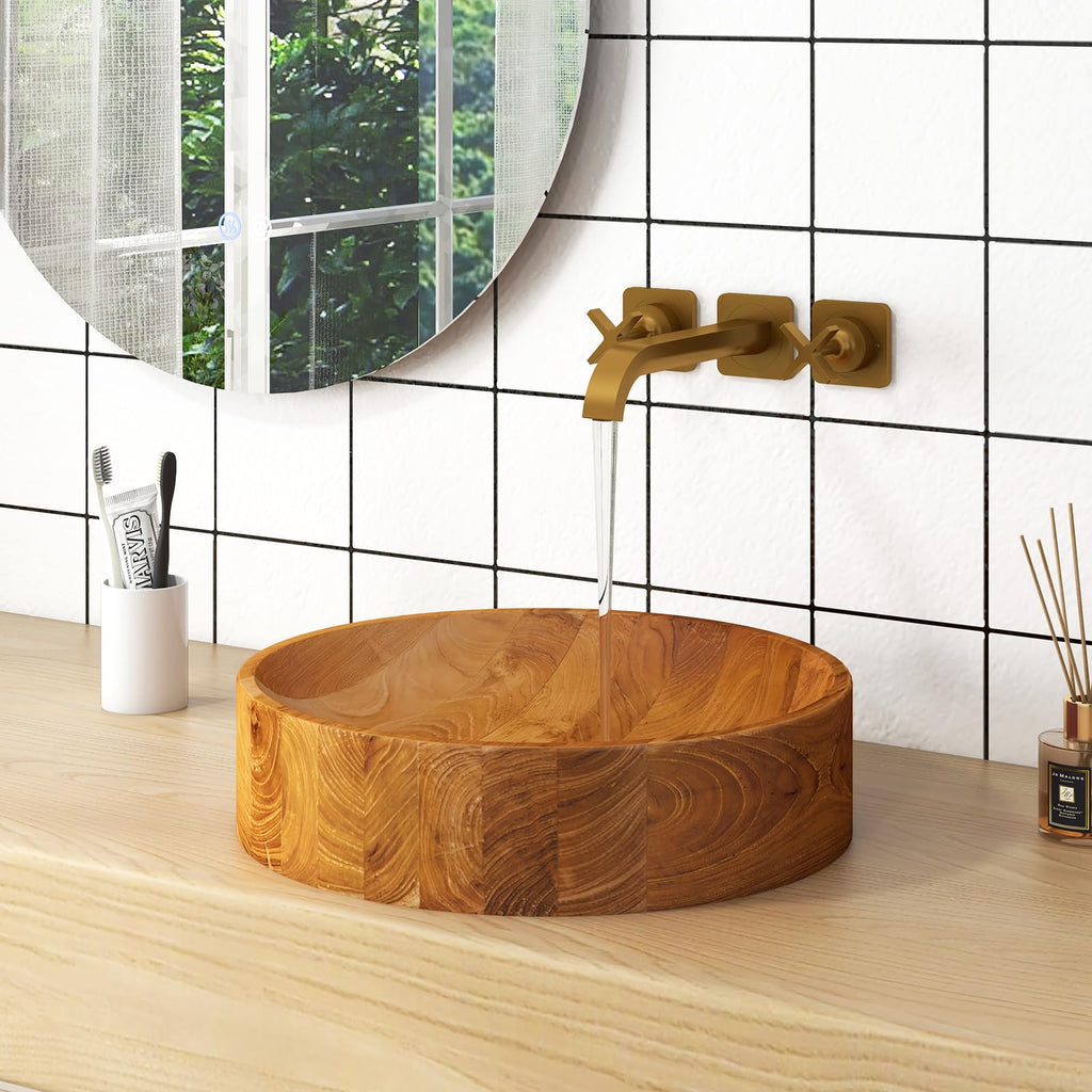 Giantex Teak Wood Vessel Sink - Bathroom Washbasin with Smooth Finish, Round Corner, 2.5â Drain Hole for 1 5/8" Drainage, Above Counter Vanity Sinks, No Assembly Art Basin (16â x 16â x 4â Bowl-shaped)