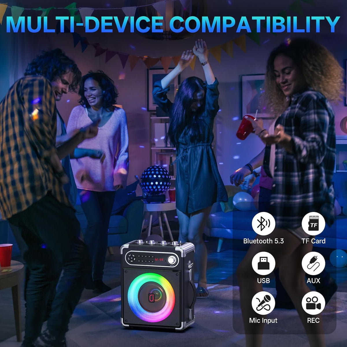 JYX 200W Karaoke Machine with 2 Wireless Microphones, Bass/Treble Control