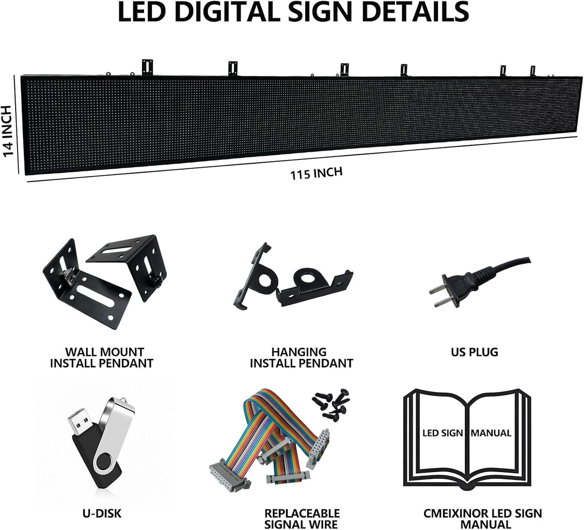 P10 LED Programmable Advertising Sign, High Brightnes Outdoor Digital Sign Waterproof, WiFi Control LED Open Signs for Business, Electronic Message Display Board 115"X14"