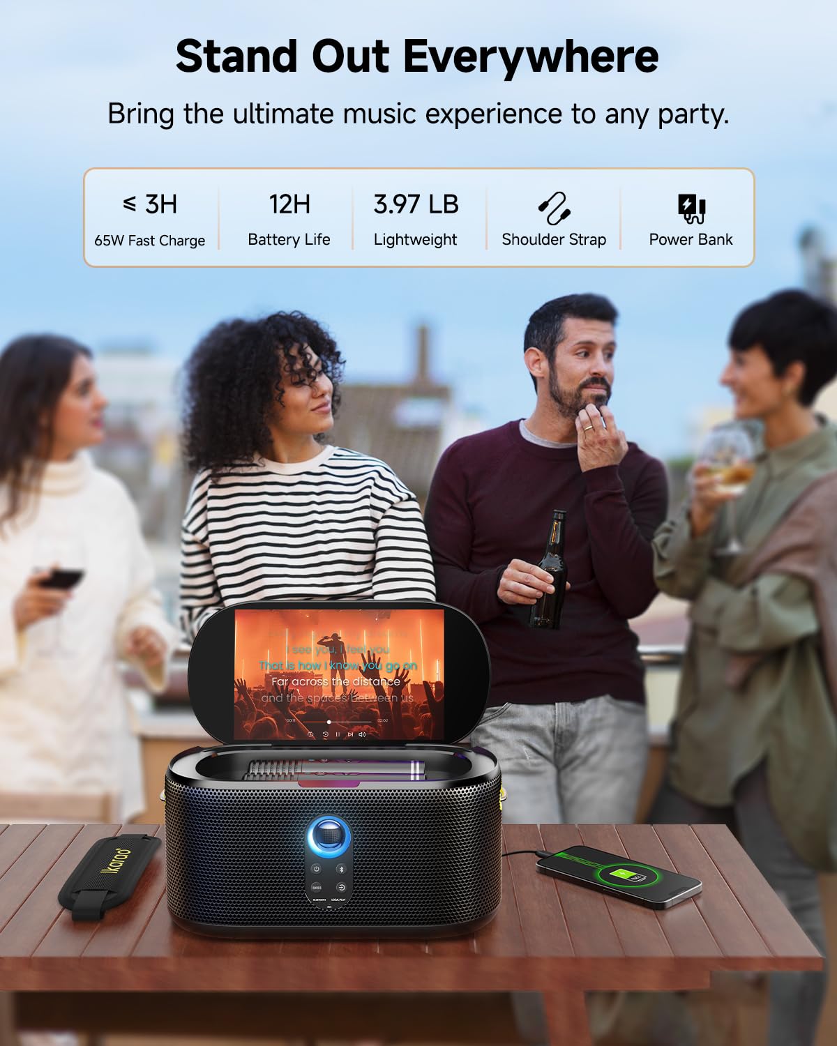 Ikarao Karaoke Machine with Microphone Stand, Portable Bluetooth Speaker for Party, Backyard, Karaoke System with 2 Wireless Microphone for Adults Kids, for Women, Men, Singing Lovers
