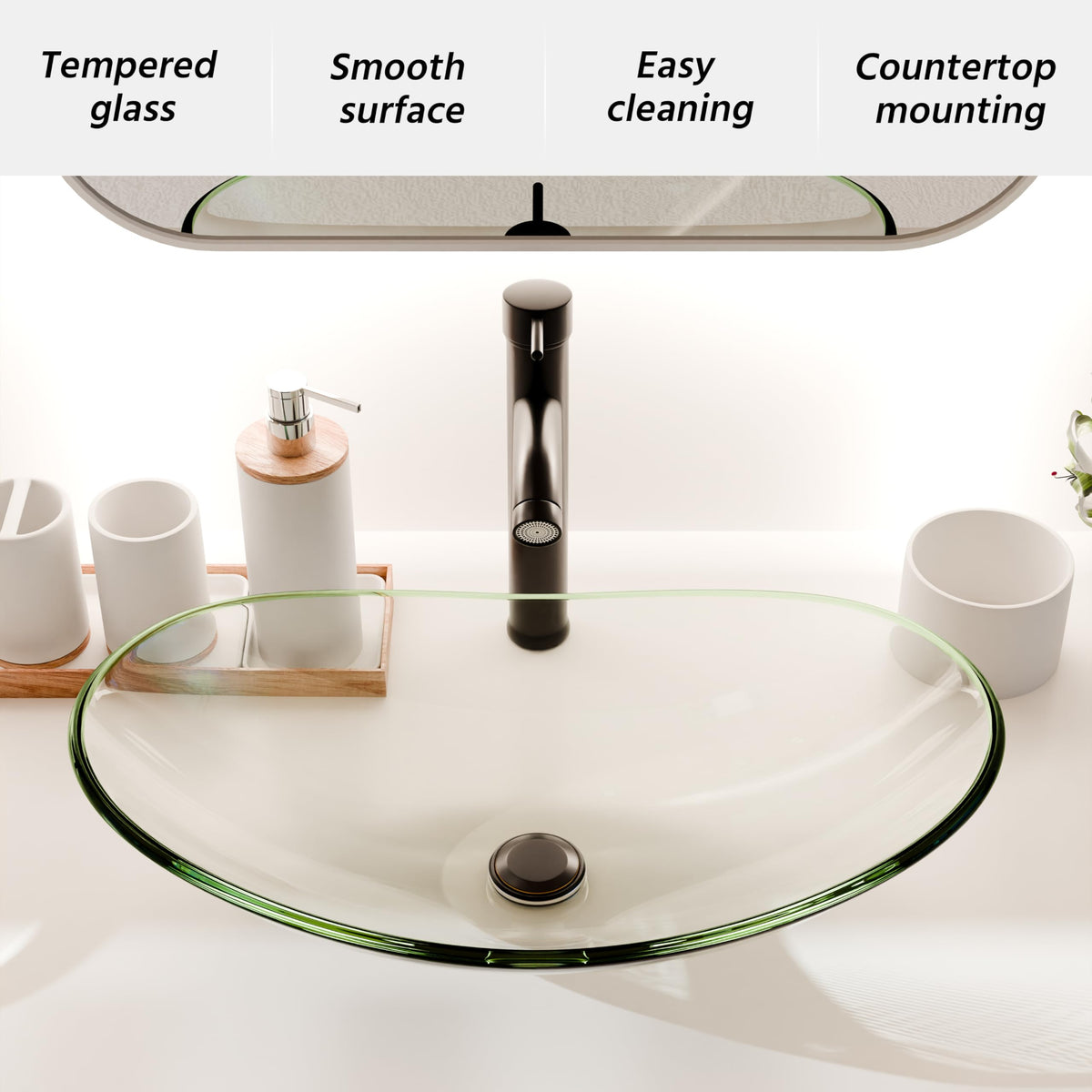 Vessel Sink Bathroom Sinks Tempered Glass Art Basin 20.8"x13.7" Oval Bowl Above Counter with Faucet and Pop-Up Drain Combo, Oval Clear Grey,Modern Countertop Bowl Sink
