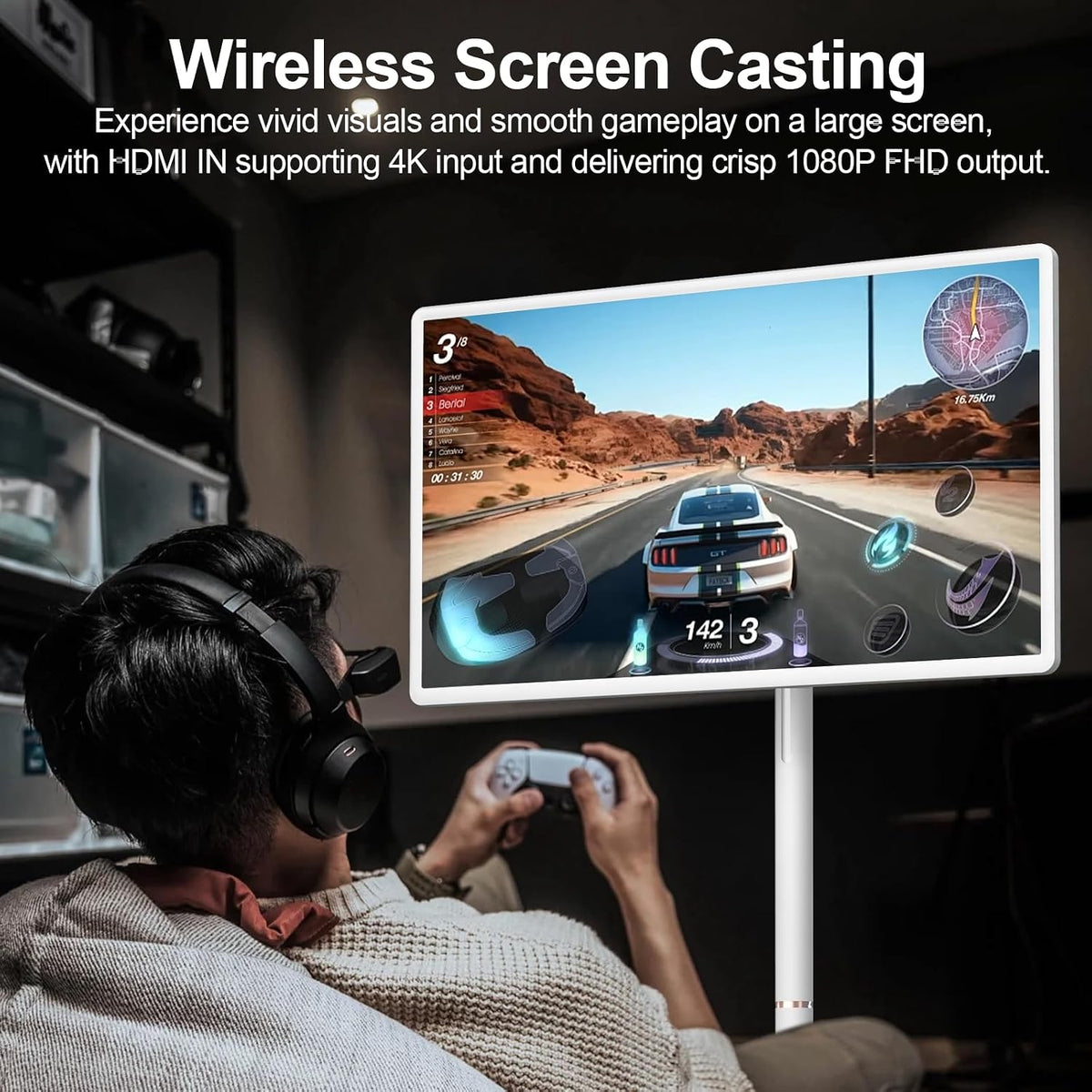 32-Inch FHD Smart Portable TV, Rolling TV on Wheels, Built-in Battery, Android 15 OS, Touch Screen Monitor, 6GB RAM + 128GB Storage, 8MP Camera, Full Swivel Rotation, Voice Remote