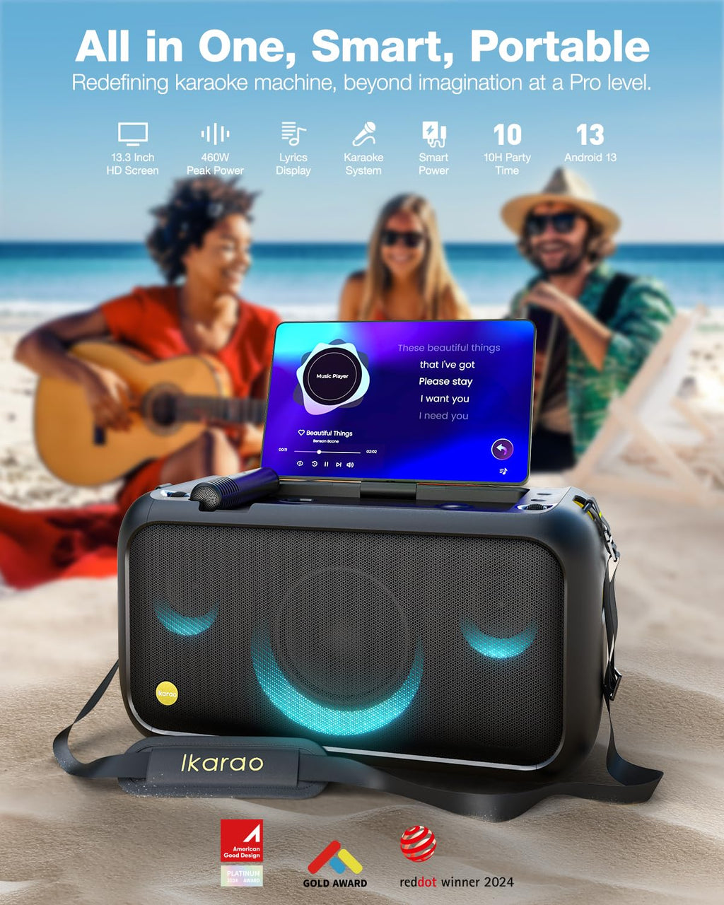 Ikarao Karaoke Machine with Microphone Stand, Portable Bluetooth Speaker for Party, Backyard, Karaoke System with 2 Wireless Microphone for Adults Kids, for Women, Men, Singing Lovers
