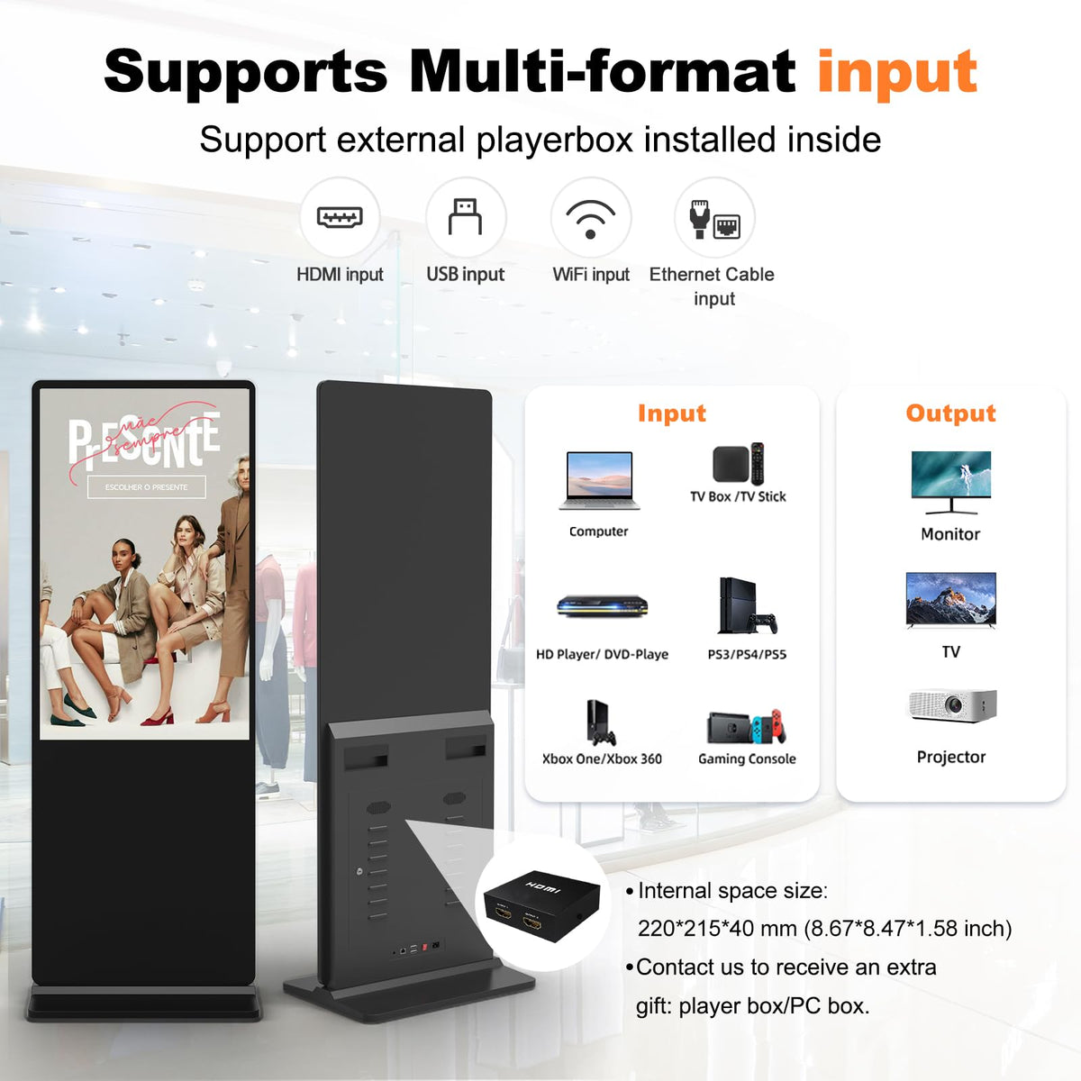 32 inch Indoor Digital Signage LCD Screen IPS Floor Standing Digital Kiosks Interactive Displays with WiFi HDMI/USB Input Auto AD Player, Android OS Black
