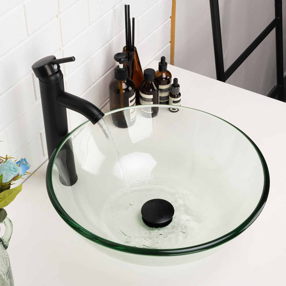 Design Vessel Sink Concrete Bathroom Sink above Counter Small Vessel Sink Bathroom Sink Bowl Countertop Modern Sinks with Faucet and Drain Combo 15.7" Round Gray