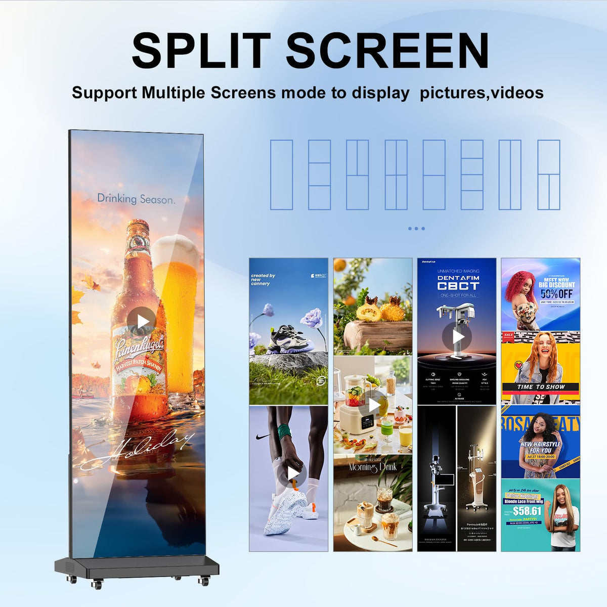 43 Inch Outdoor Digital Signage A-Frame Displays, Rechargeable Digital LCD Kiosks, Moveable Commercial Totem, IP65 Waterproof, Auto Adjustment 2000nits High Brightness Screen, High Capacity Battery for Restaurant/Bar/Food Truck/Store
