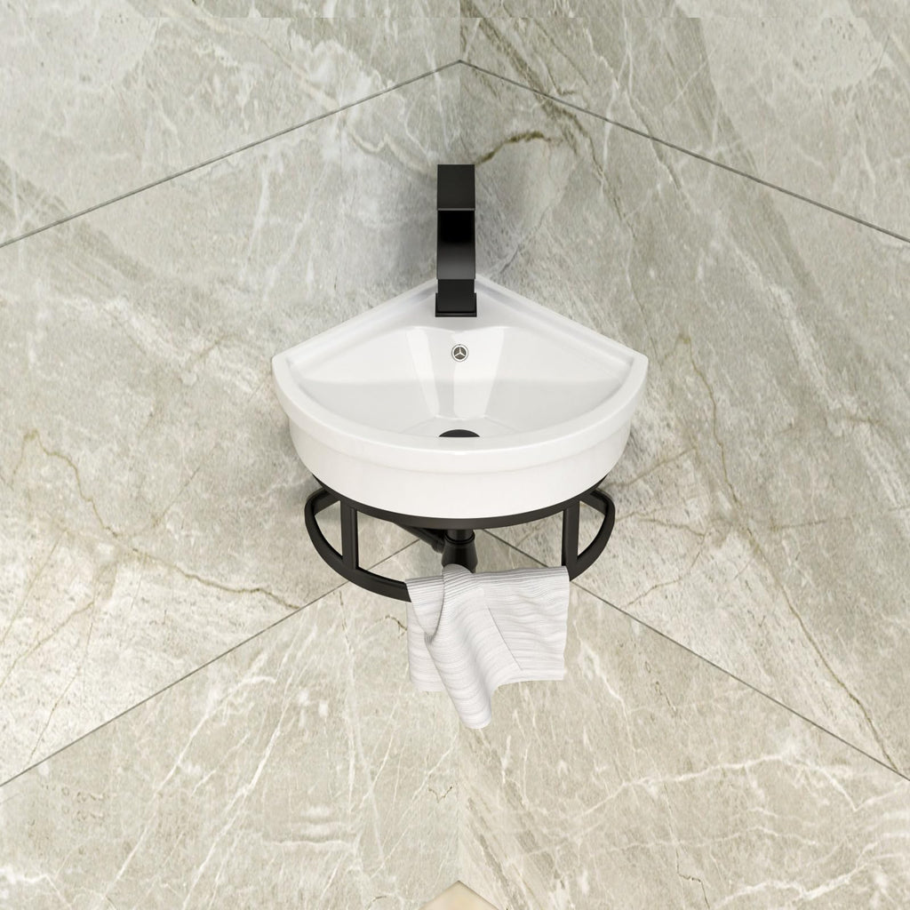 Lordear Wall Mounted Vessel Sink 16x11 Inch, U-Shape White Porcelain Bathroom Sink with Black Faucet and Support Pedestal Legs, Wall Hung Vanity Sink with Towel Rack for Small Bathrooms