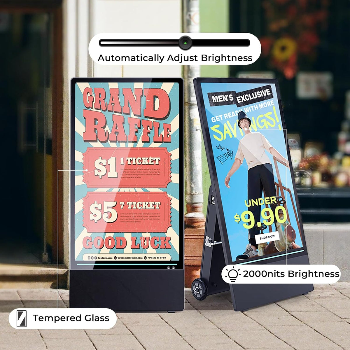 43 Inch Outdoor Digital Signage A-Frame Displays, Rechargeable Digital LCD Kiosks, Moveable Commercial Totem, IP65 Waterproof, Auto Adjustment 2000nits High Brightness Screen, High Capacity Battery for Restaurant/Bar/Food Truck/Store