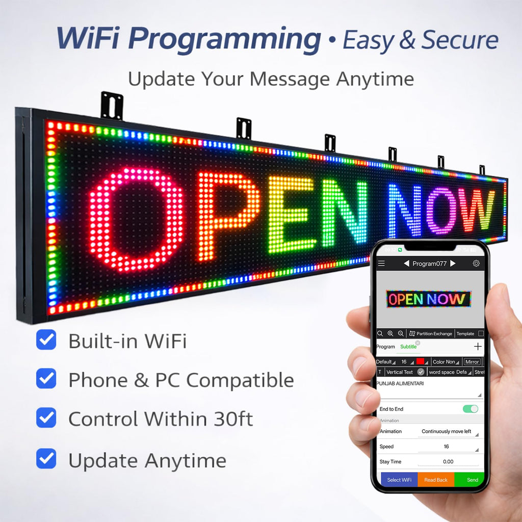 Outdoor P10 LED Message Sign 39"x14" Waterproof High Brightness WiFi Programmable Scrolling Text Display Board for Business, Storefront, Restaurant, Church, Events