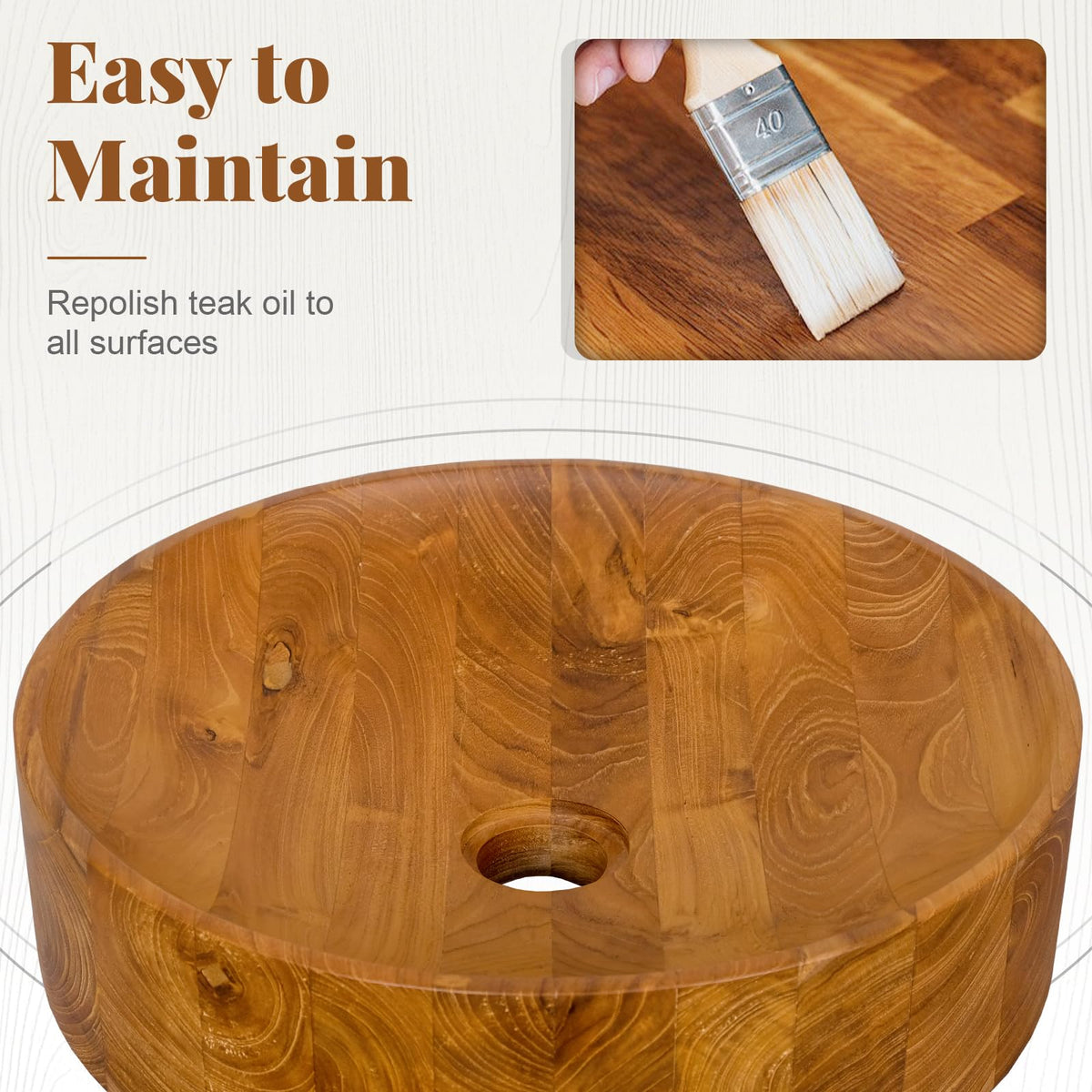 Giantex Teak Wood Vessel Sink - Bathroom Washbasin with Smooth Finish, Round Corner, 2.5â Drain Hole for 1 5/8" Drainage, Above Counter Vanity Sinks, No Assembly Art Basin (16â x 16â x 4â Bowl-shaped)