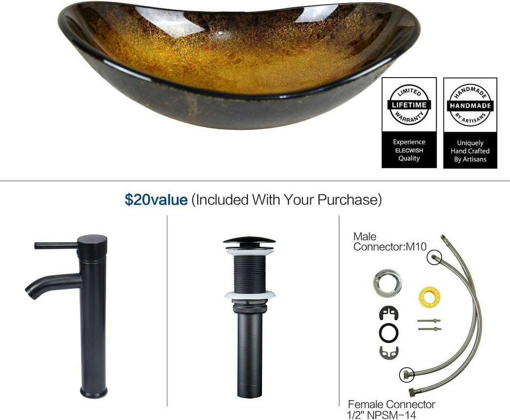 YOURLITE Bathroom Artistic Vessel Sink, Tempered Glass Countertop Bowl Sink
