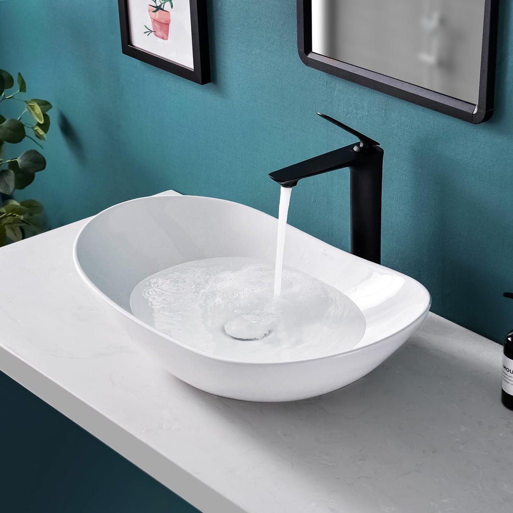 Davivy 24.5'' X 13.8'' Large Matte Black Oval Vessel Sink with Pop Up Drain,Ceramic Bathroom Sink Above Counter,Matte Black and White Vessel Sink for Bathroom (Large)