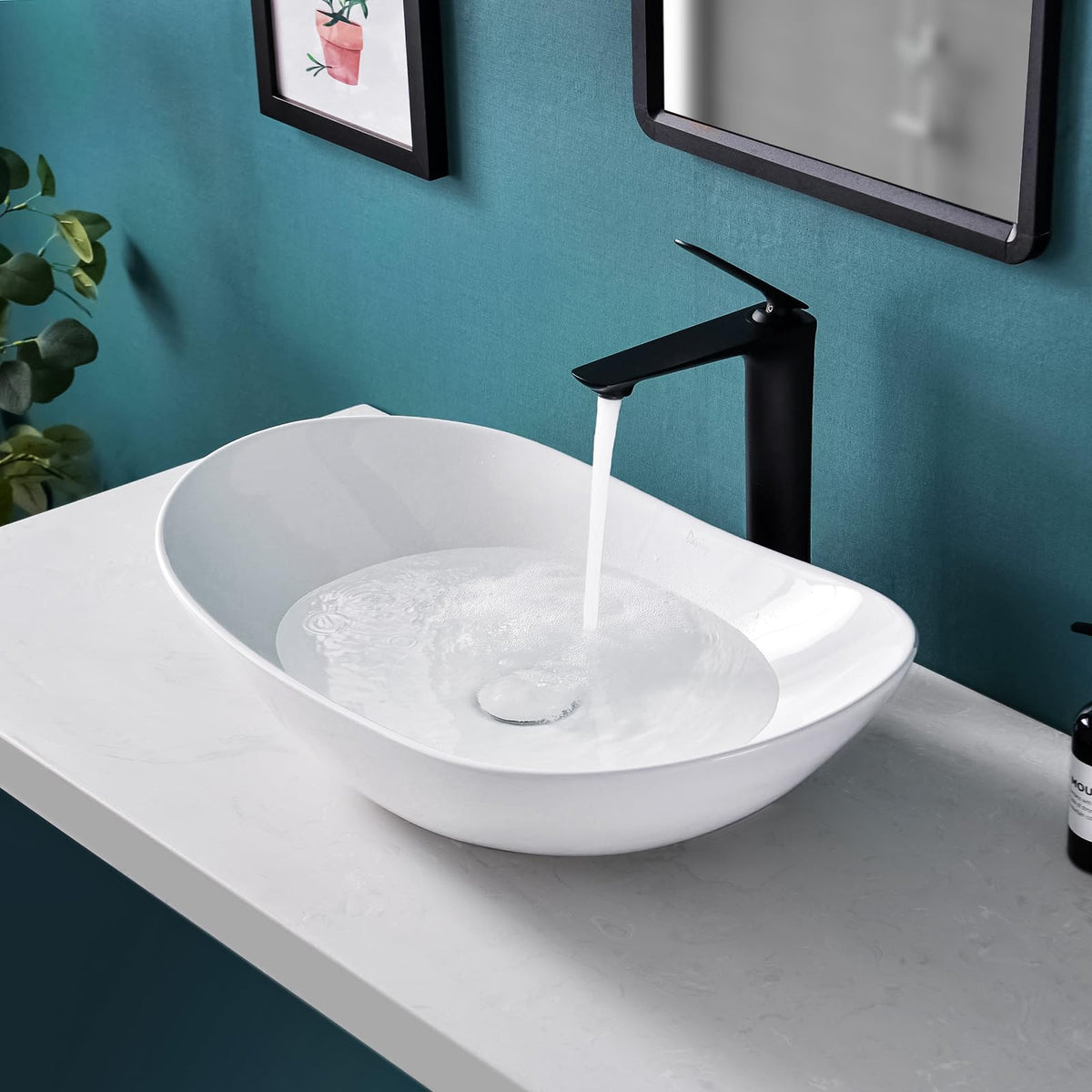 Davivy 24.5'' X 13.8'' Large Matte Black Oval Vessel Sink with Pop Up Drain,Ceramic Bathroom Sink Above Counter,Matte Black and White Vessel Sink for Bathroom (Large)