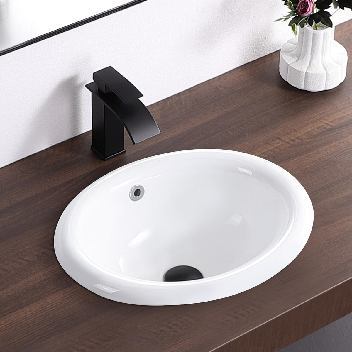 Small Bathroom Vessel Sink 16.7'' x 12.6'' Semi Recessed Bathroom Sink Rectangular Drop-in Vanity Sink with Overflow White Ceramic Modern Art Basin
