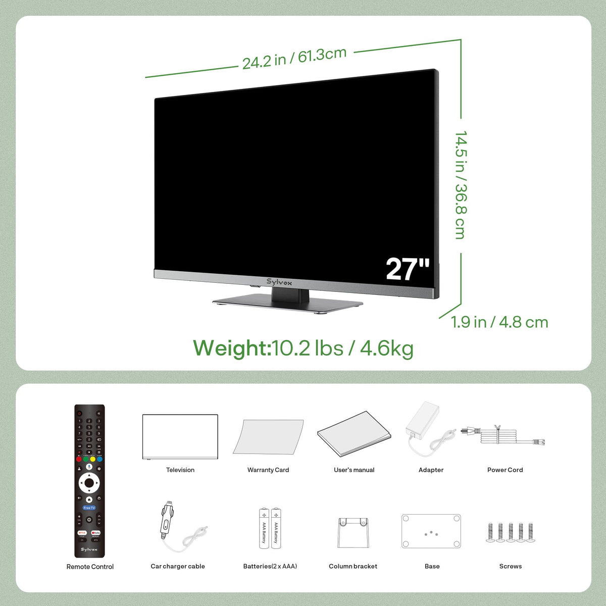 SYLVOX 24'' Smart RV TV, 12V/24V Google TV with Built-in DVD Player