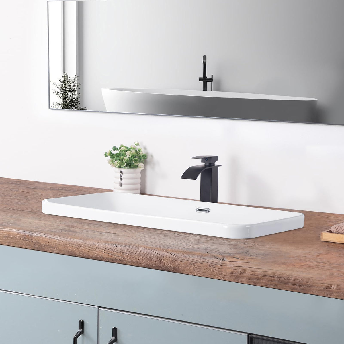 Bathroom Vessel Sink 16.7" X 12.6" Semi Recessed Bathroom Sink Rectangular Drop In Bathroom Sinks with Overflow White Ceramic Vessel Sinks for Bathroom Modern Above Counter Basin Vanity Sink