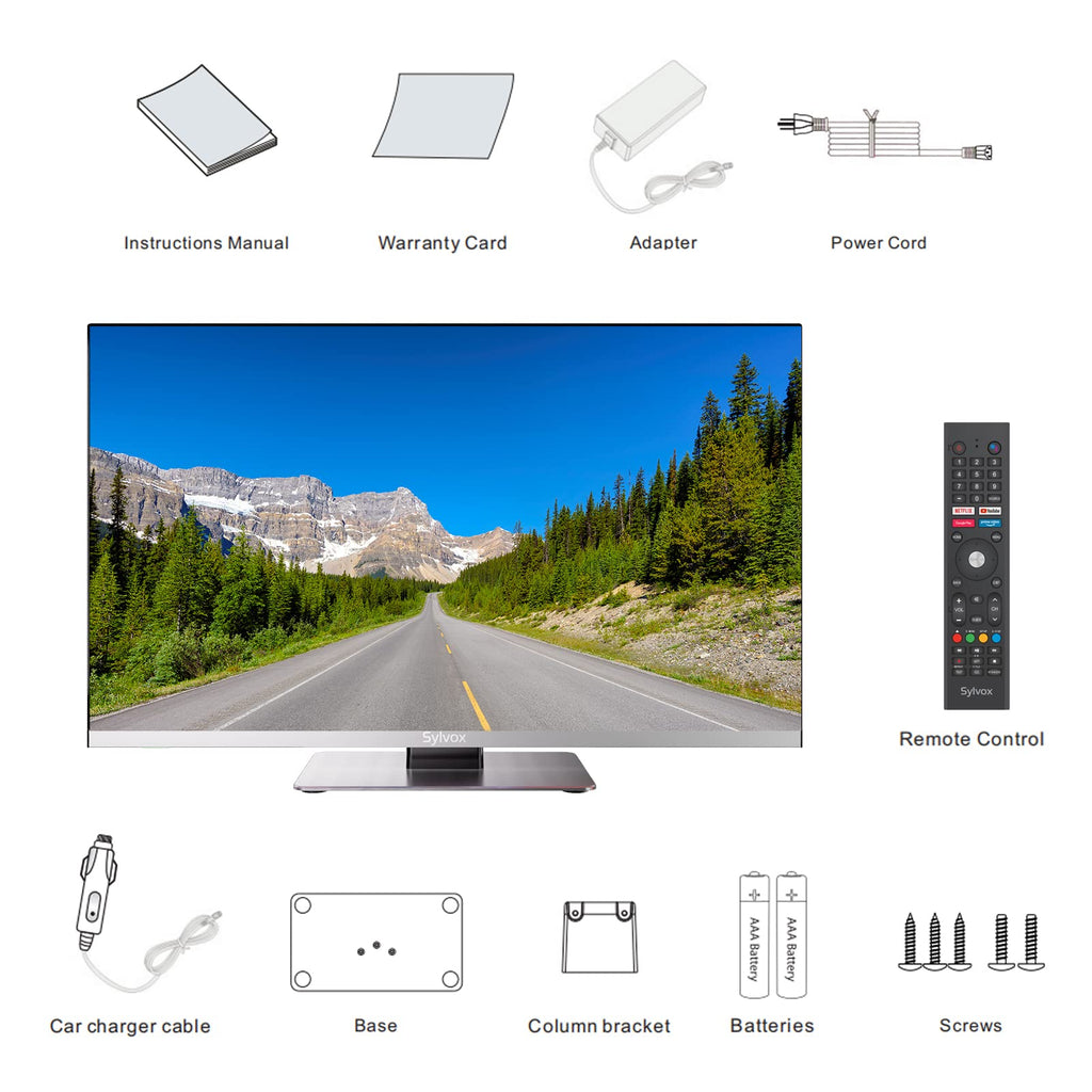 SYLVOX 24-Inch Smart RV TV, QLED 1080P FHD, Built-in DVD Player, Google TV OS, Wide Voltage Support 12V/24V AC/DC Television for RV & Home, HDMI & USB